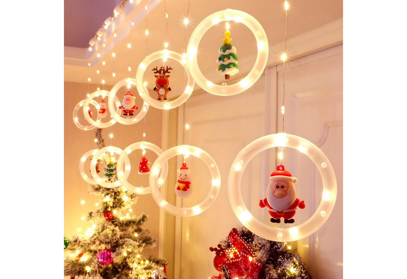 Realb2b LED Dekoobjekt LED Lichtervorhang 110 LEDs 10 Kreise warmweiß 8 Modi innen, LED fest integriert, warmweiß, LED Lichtervorhang 110 LEDs 8 Modi Kreise warmweiß Weihnachten
