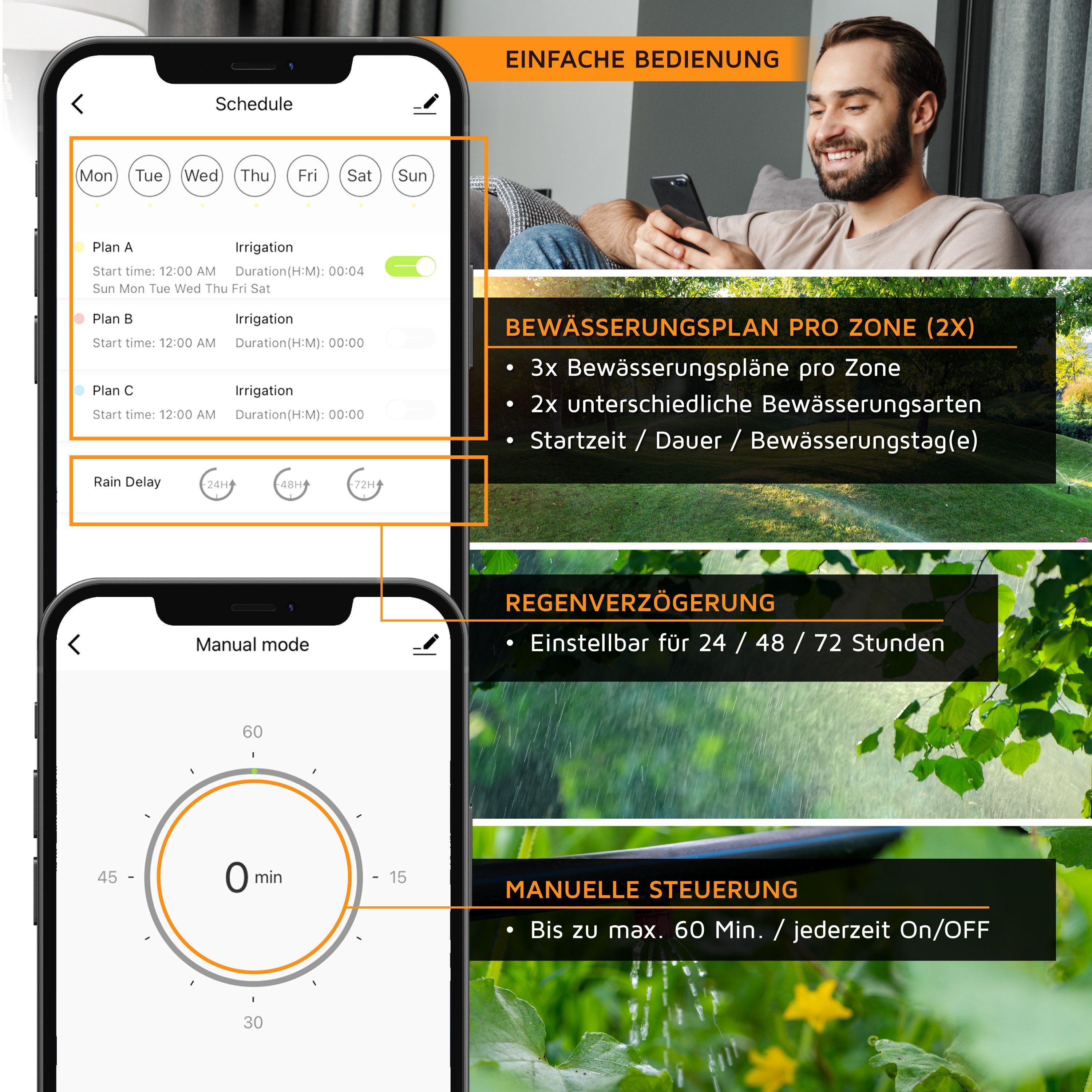 Brandson Bewässerungssteuerung WiFi Bewässerungsuhr, Bewässerungssystem, automatische Bewässerung, (4-tlg., 2-Zonen Wasserzeitschaltuhr), Bewässerungscomputer m – Bild 5 von 5