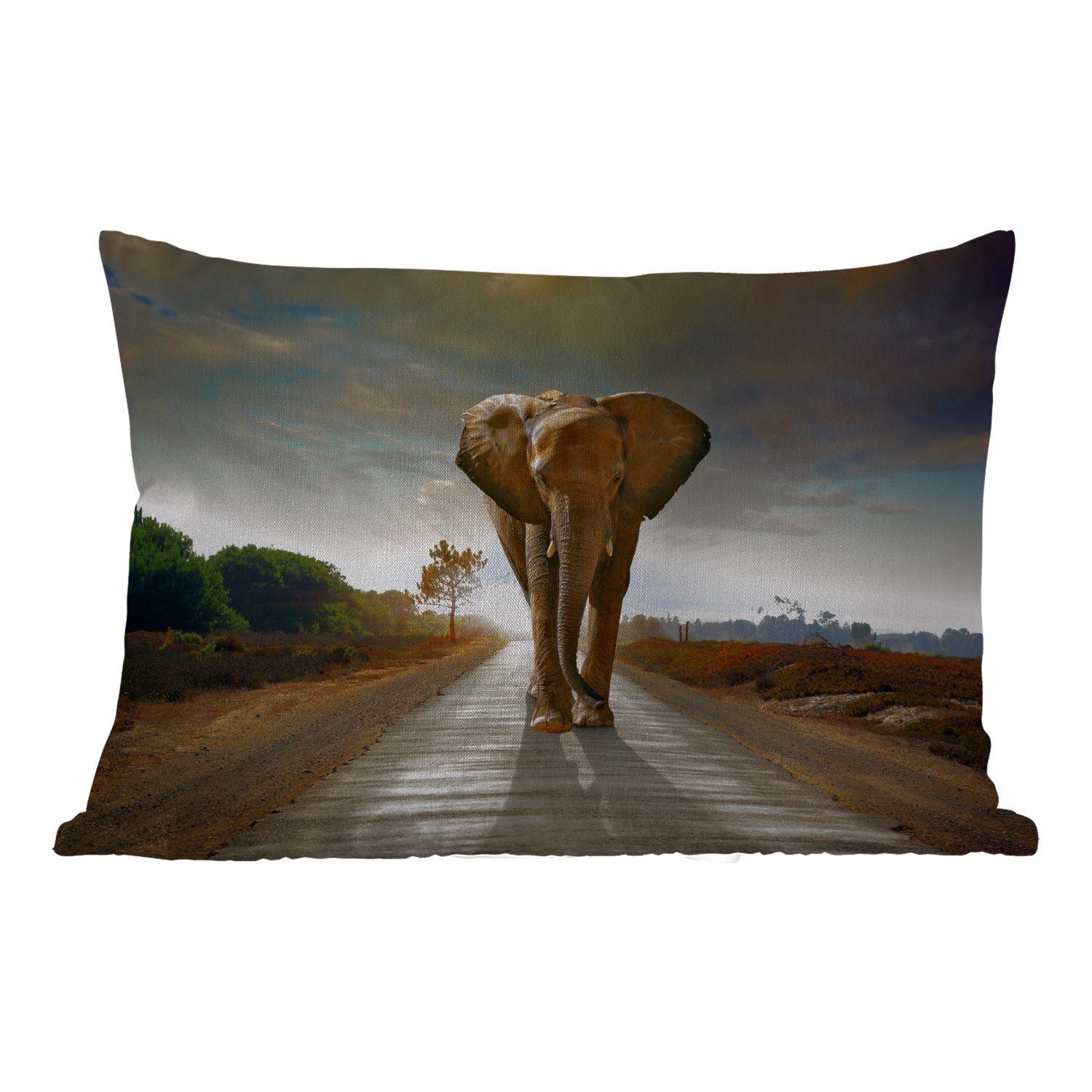 Straße - Tiere - Elefant Polyester, MuchoWow Landschaft, Dekokissenbezug, Dekokissen Kissenhülle Outdoor-Dekorationskissen, - Sonnenuntergang -