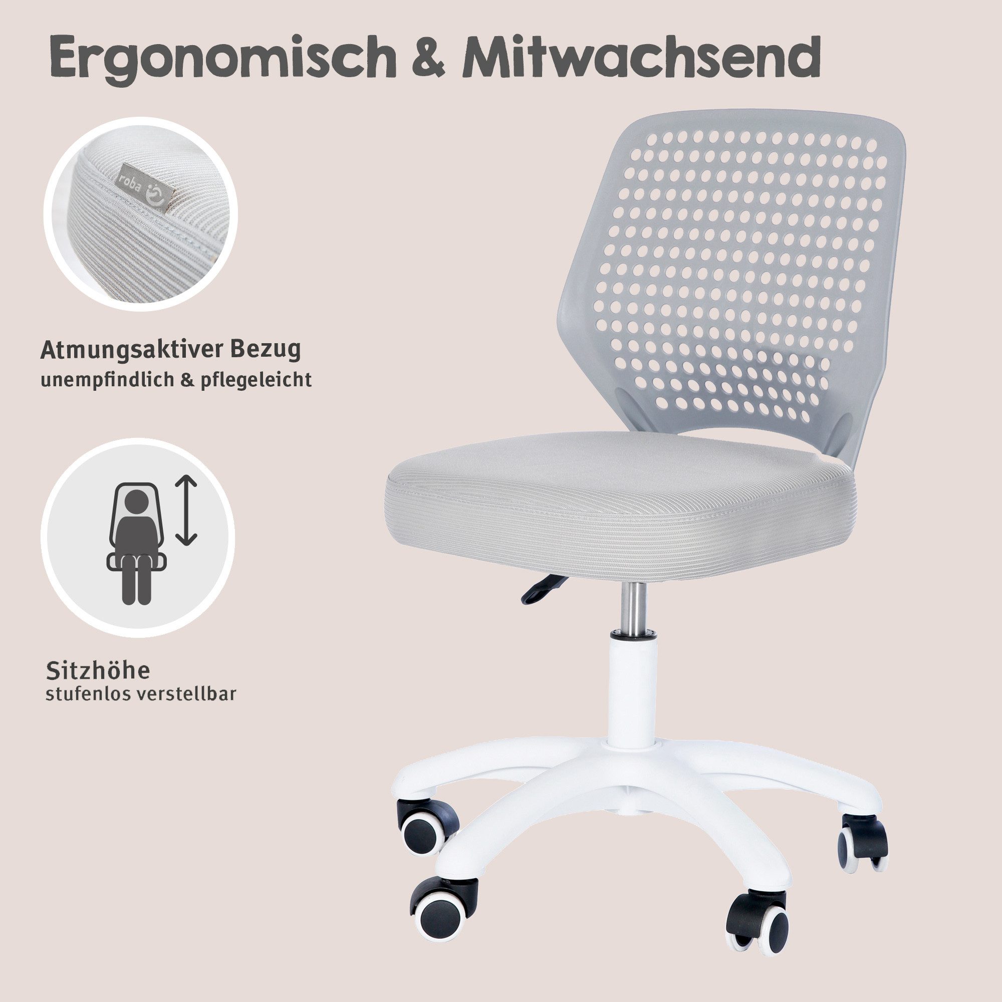 roba® Schreibtischstuhl Smart Grow Basic - Bürostuhl Kinder - Ergonomischer Drehstuhl (Stufenlos Höhenverstellbar), stabiles Gestell aus Metall - ab 3 Jahren - ideal für Schulkinder