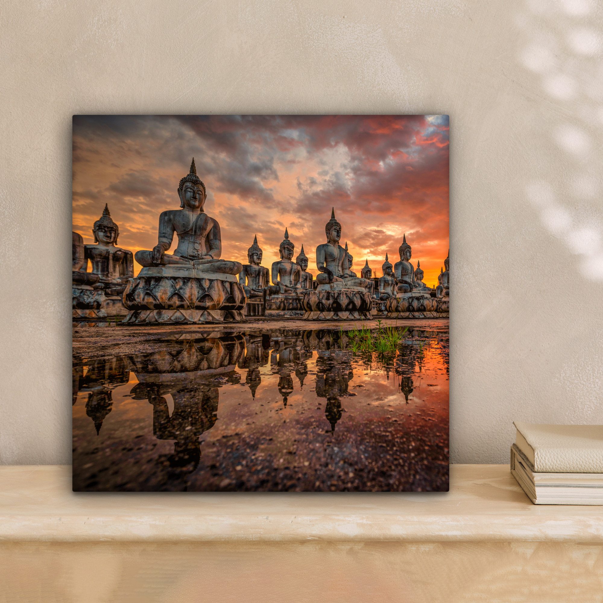 OneMillionCanvasses® Leinwandbild Buddha-Statuen - Sonnenuntergang - Wasser günstig online kaufen
