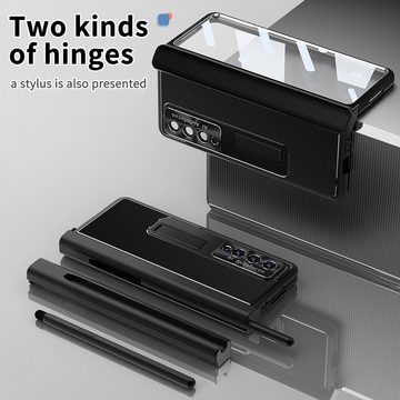 Wigento Handyhülle Für Samsung Galaxy Z Fold4 5G Magnetische Kunststoff / Glas Handy Tasche Hülle Etuis Schwarz + Stift