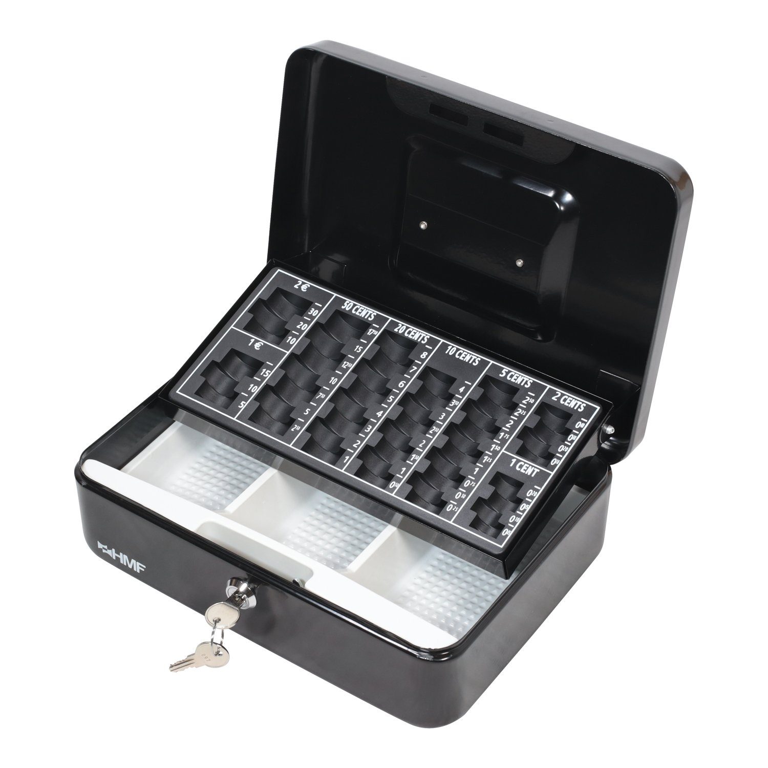 HMF Geldkassette abschließbare Bargeldkasse mit Münzzählbrett und Scheinfach, robuste Geldbox mit Schlüssel, 25x18x9 cm schwarz