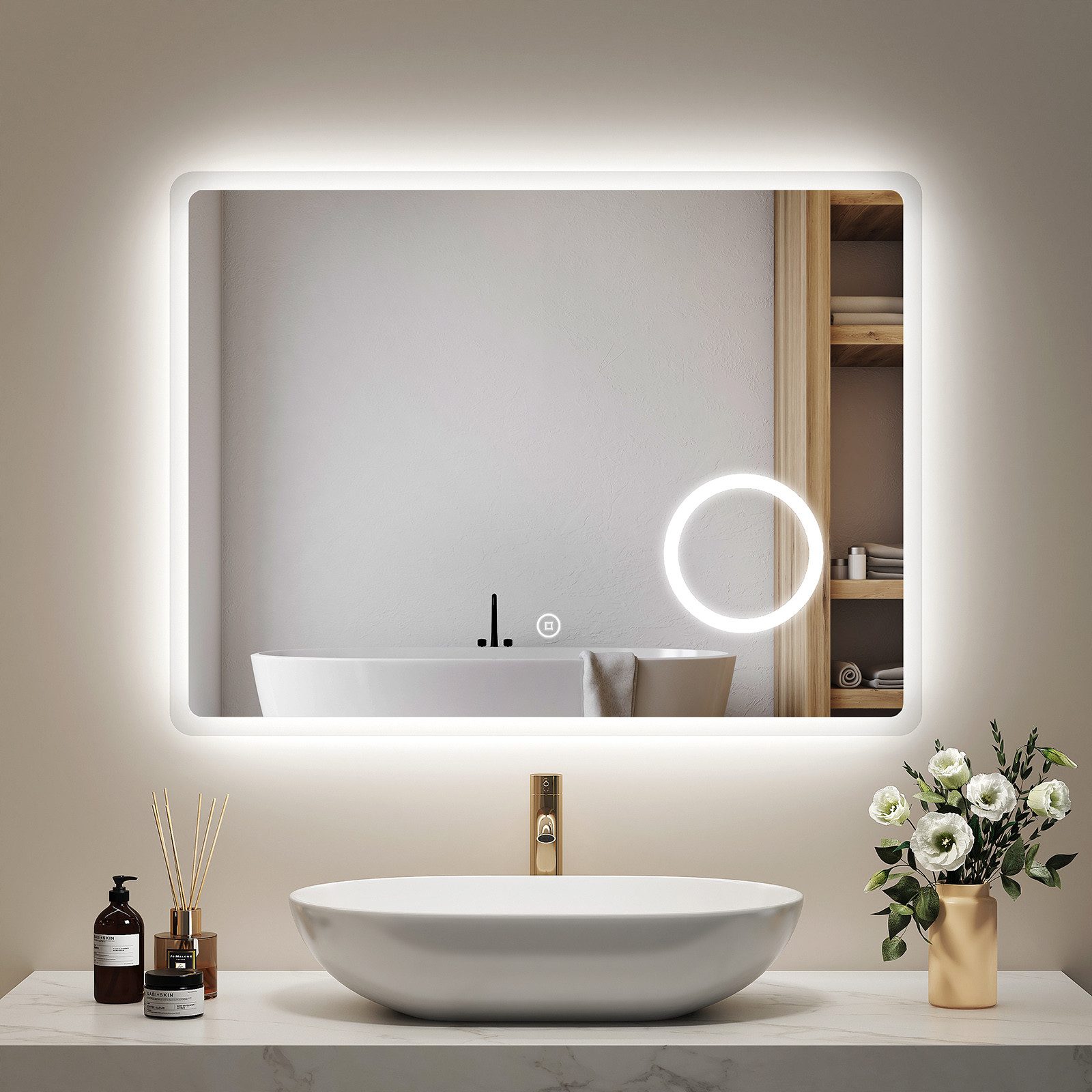 EMKE Badspiegel mit Beleuchtung LED Wandspiegel 3-fach Vergrößerung Kosmetikspiegel (Breit: 80~100cm, Touchschalter), 3 Lichtfarben, dimmbar, Antibeschlag, Touch, Auto-Aus, IP44