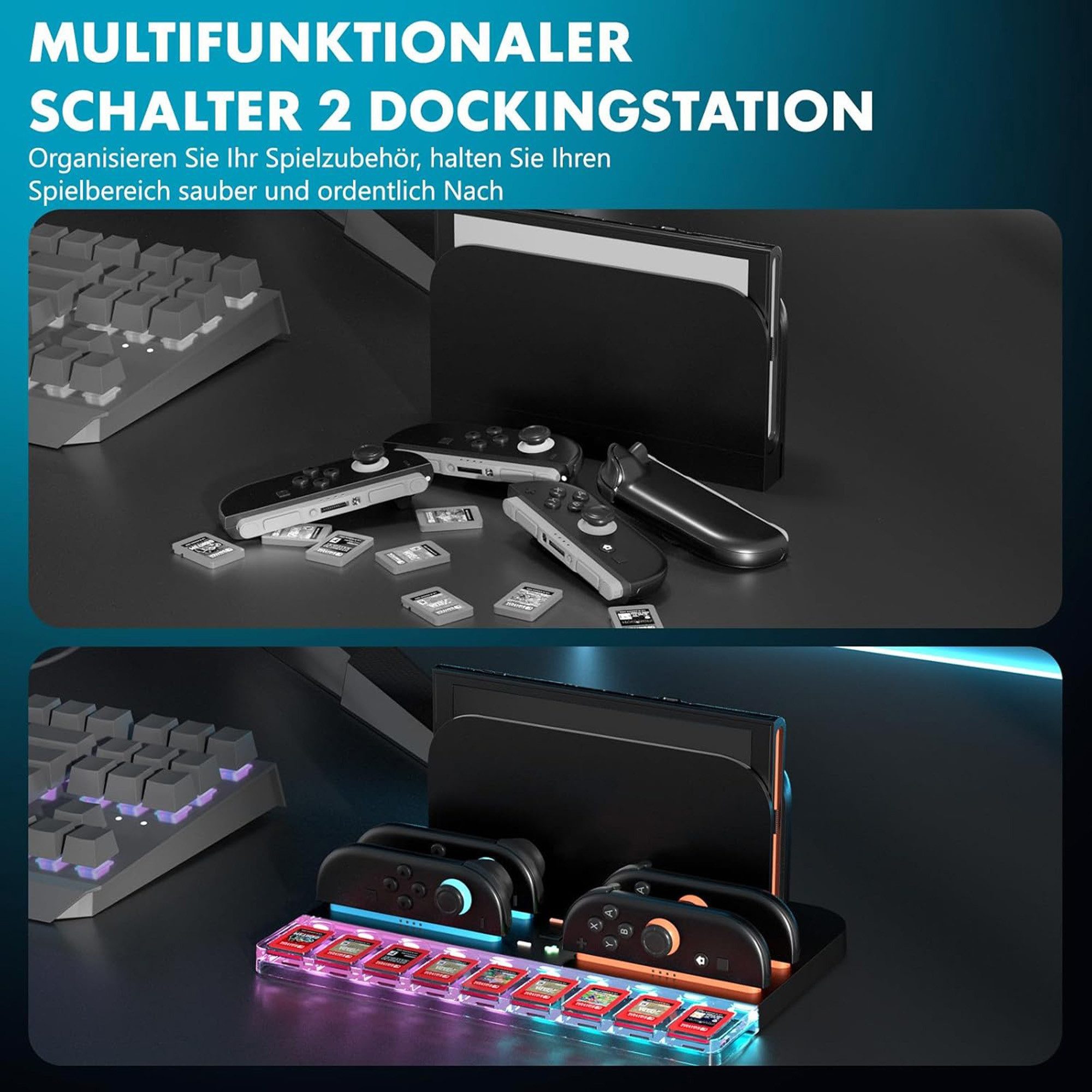 Fyrove Controller Ladestation, praktisches Ladegerät für Spielcontroller Simulations-Controller (Set, 1 St., 4-fache Joy-Con Ladestation für Switch 2, 9 Spielkartenhalter)