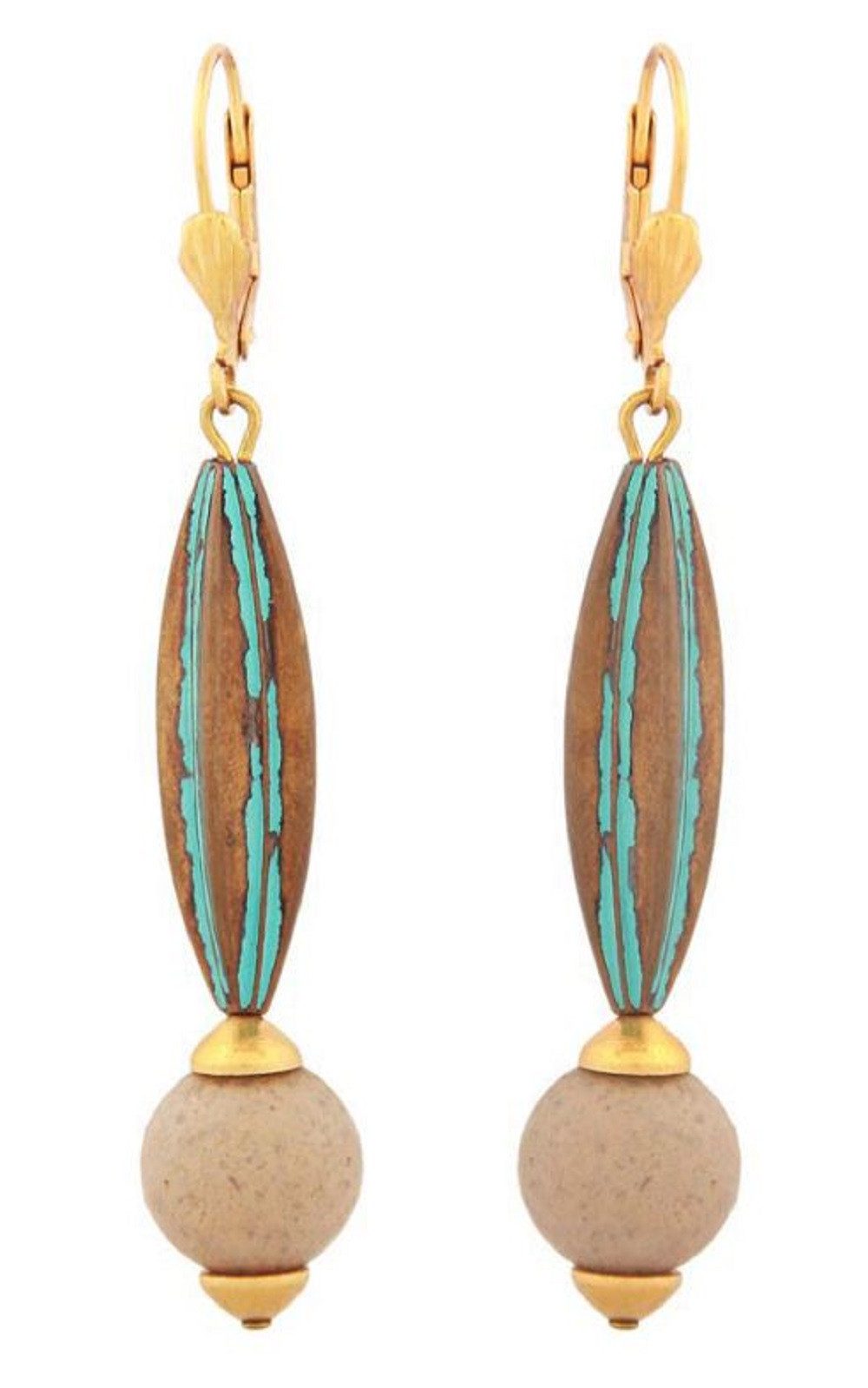 unbespielt Paar Ohrhänger Ohrringe Rillenolive patina grün mit Perle Kunststoff 66 x 12 mm, Modeschmuck für Damen