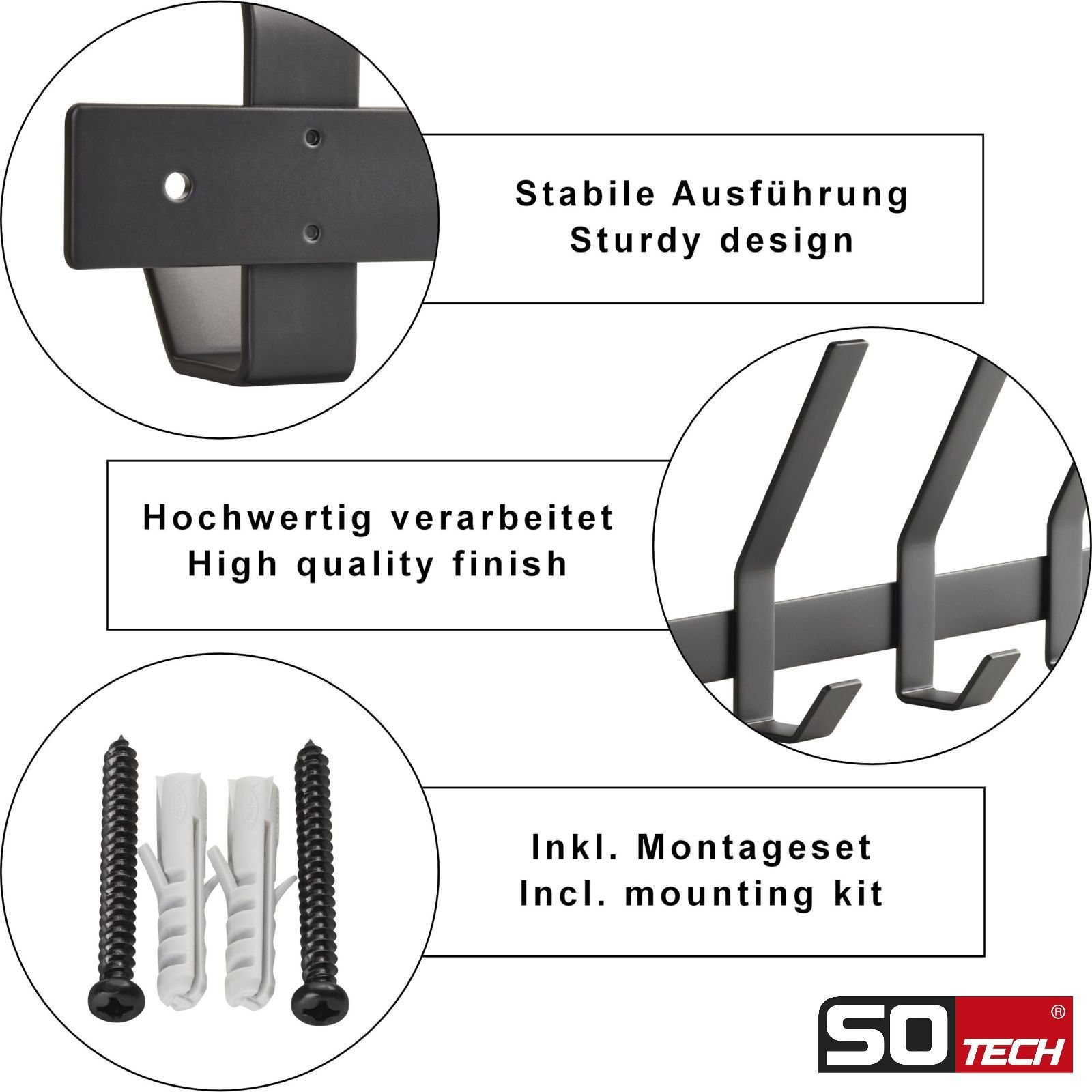 SO-TECH® Garderobenleiste Hakenleiste Blackline ALBA schwarz pulverbeschichteter Stahl (1 St), Breite 345 mm mit 4 Haken groß, inkl. Befestigungsset