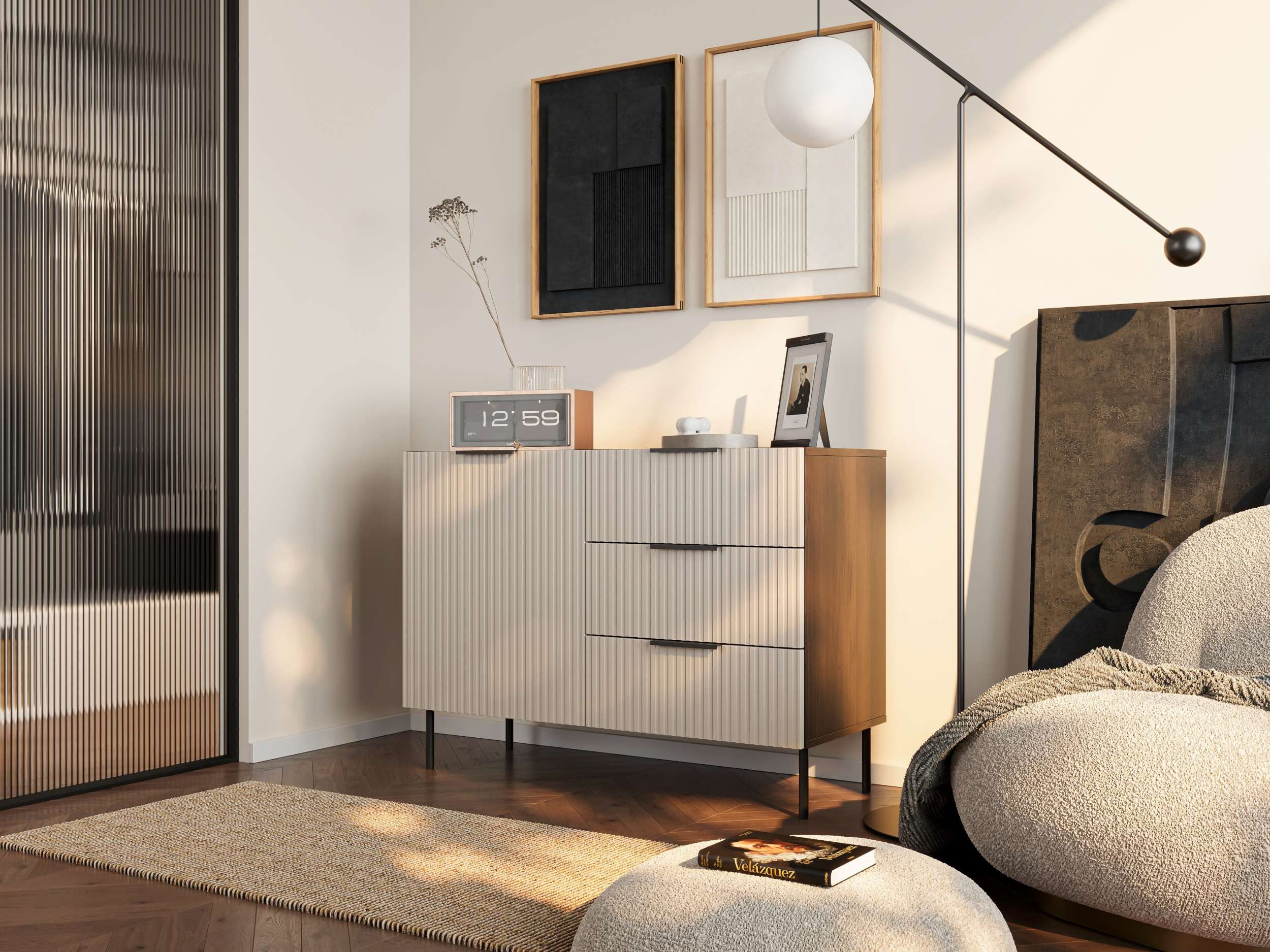 99rooms Kommode Amela (Sideboard, Highboard), mit 1 Tür, 3 Schubladen, aus Holzwerkstoff, Metall Füße & Griffe