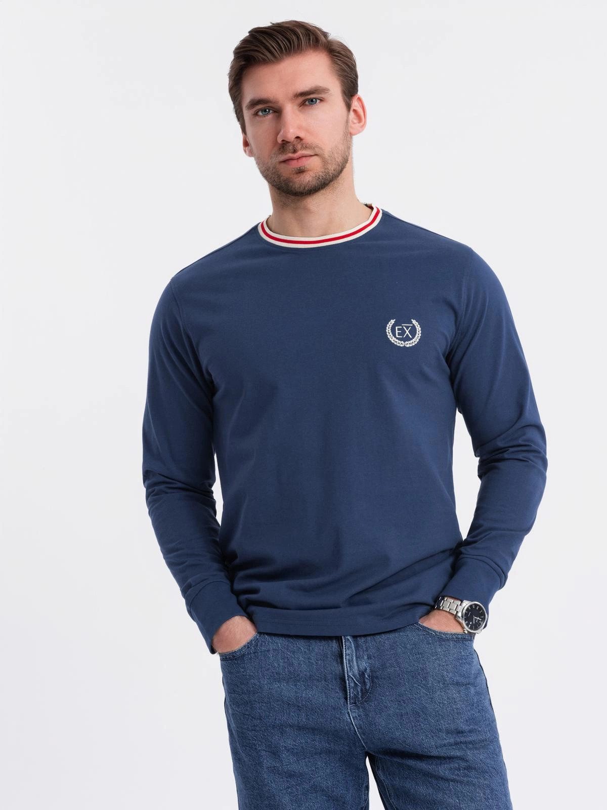 OMBRE Longsleeve Longsleeve aus Baumwolle mit U-Streifen-Ausschnitt und Stickerei