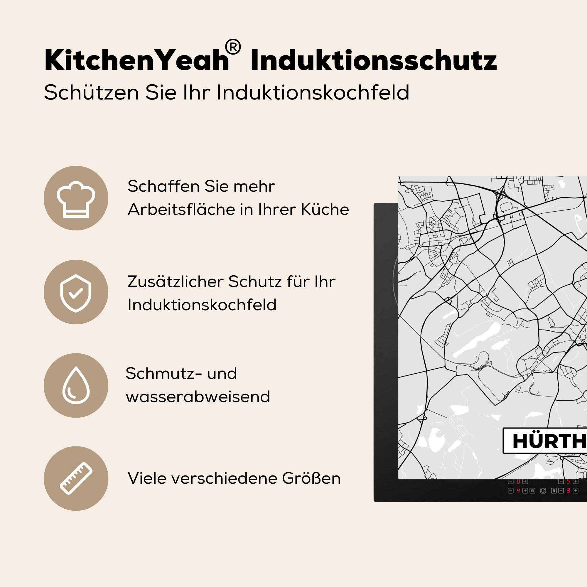 MuchoWow Herdblende-/Abdeckplatte cm, 78x78 Ceranfeldabdeckung, Hürth Karte, - - Stadtplan für tlg), Vinyl, küche (1 Arbeitsplatte Deutschland 