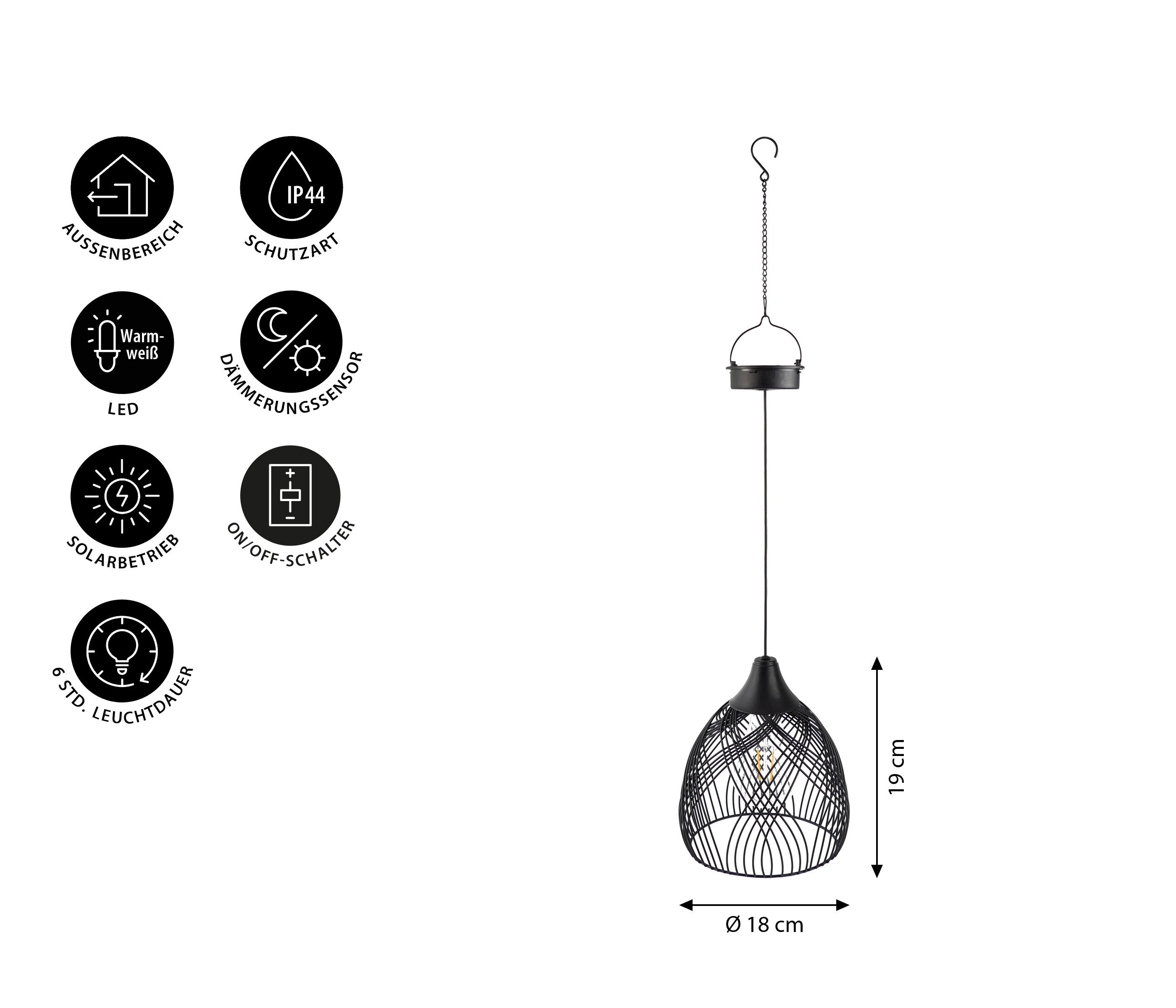 Dehner LED Solarleuchte Romy, LED Gartenleuchte mit Dämmerungssensor, Ø18 x H19 cm, Metall, Warmweiß, Dämmerungssensor, Solar