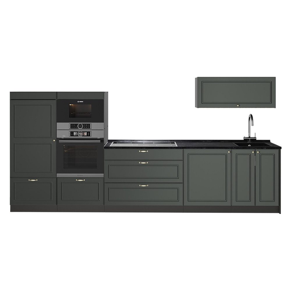 Vicco Küchenzeile Fame-Line, Grün-Gold Landhaus/Anthrazit, 340 cm, AP Anthrazit
