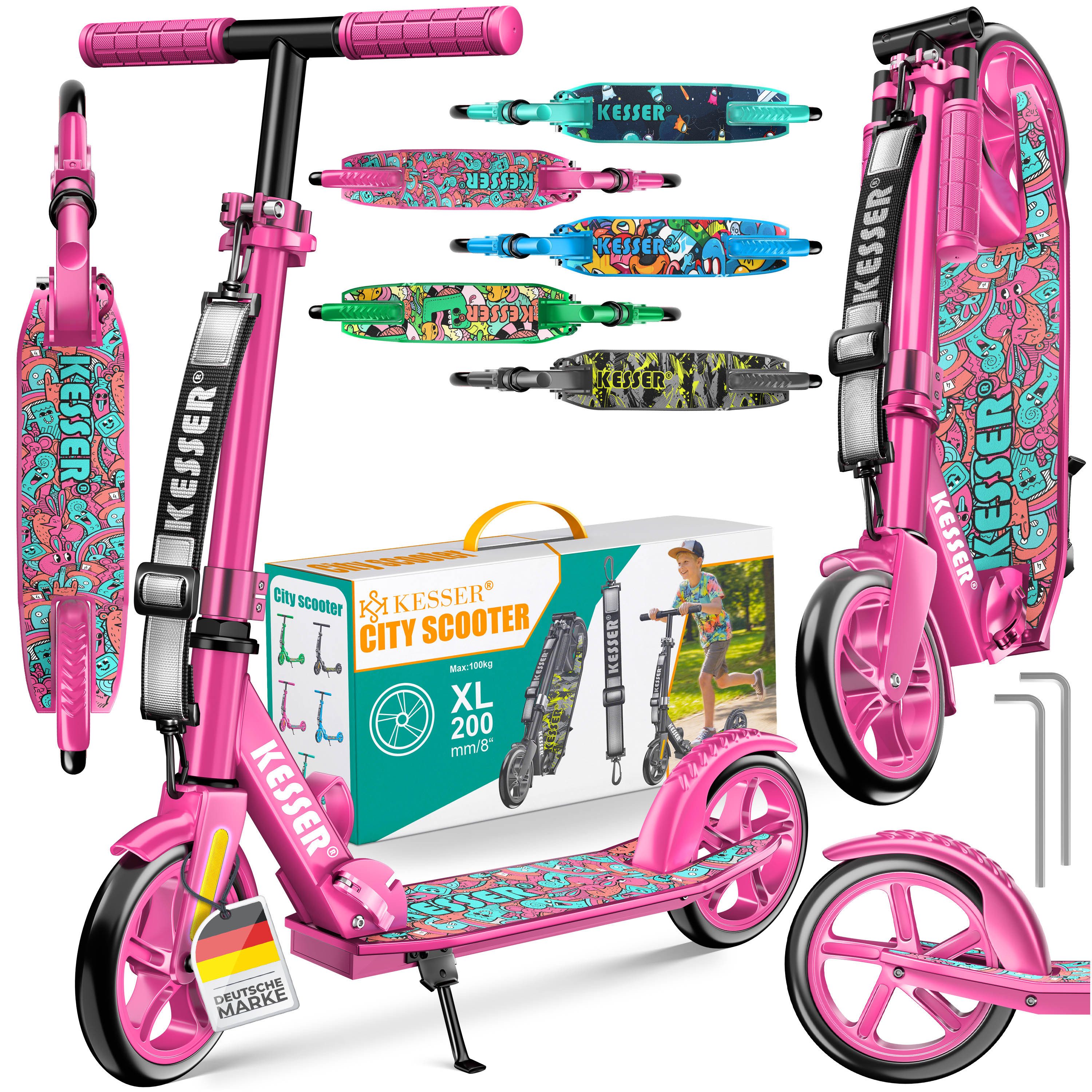 KESSER Scooter mit Hinterradbremse & rutschfeste Trittfläche, bis 100kg & 185cm Körpergröße, klappbar höhenverstellbar