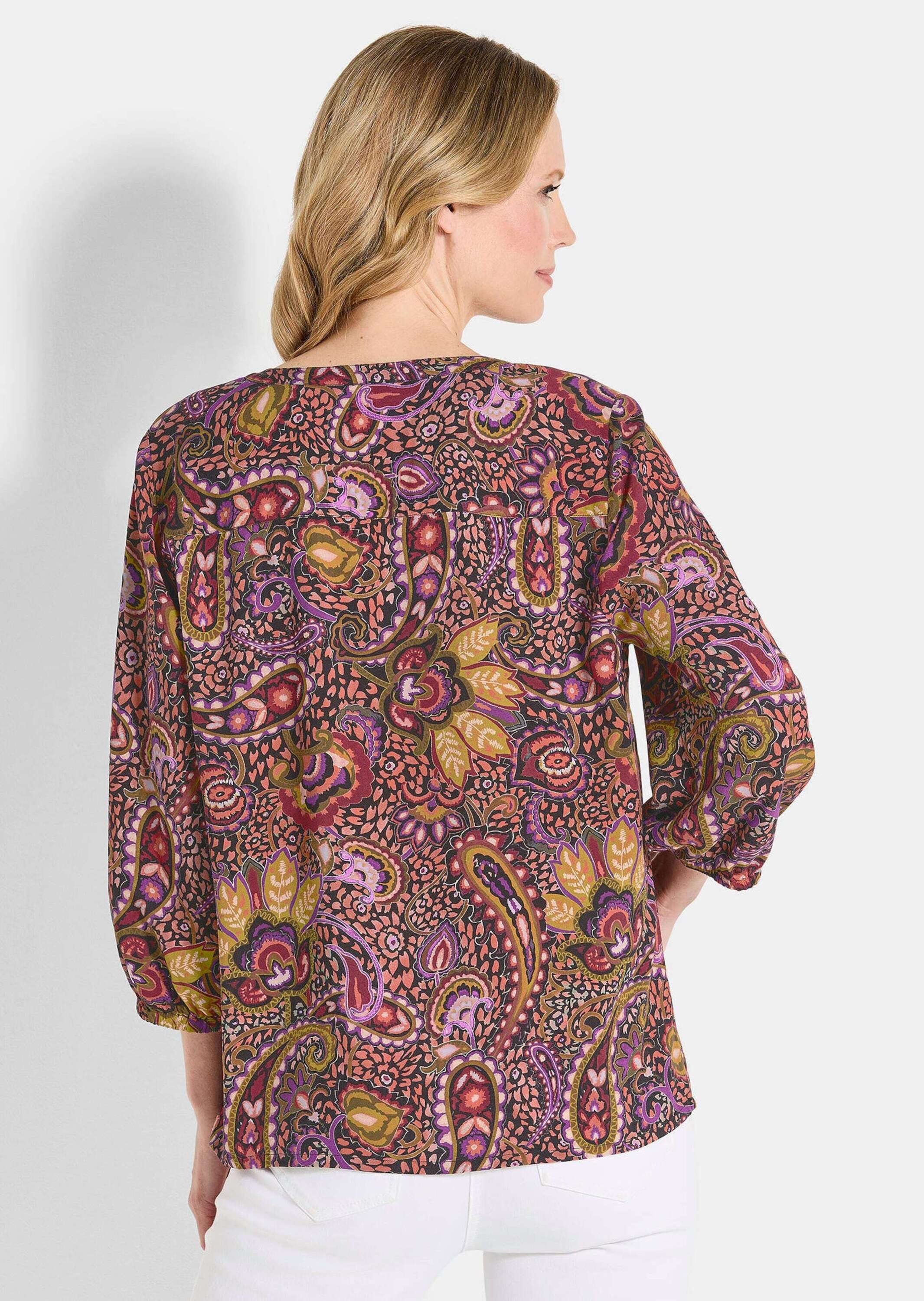 GOLDNER Tunika Moderne Viskosetunika mit Allover-Print Printbluse mit V-Ausschnitt, Knopfleiste und 3/4-Arm