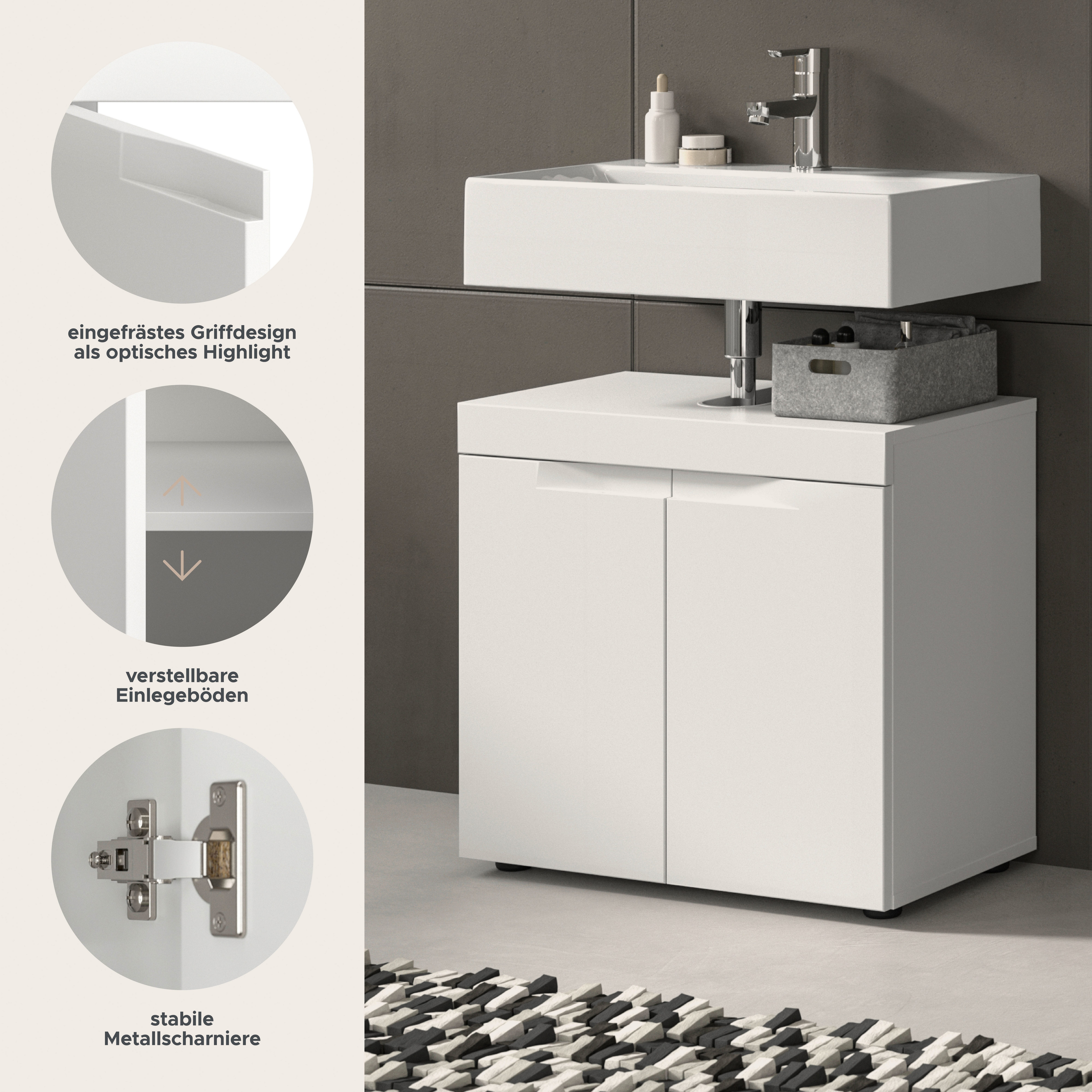 OTTO home Waschbeckenunterschrank MAOI, Breite 60cm, 2 Türen, 2 Fächer, 1 Einlegeboden (inkl. Siphonausschnitt) Badezimmerschrank, Unterschrank, Kommode, WBU, B – Bild 3 von 5