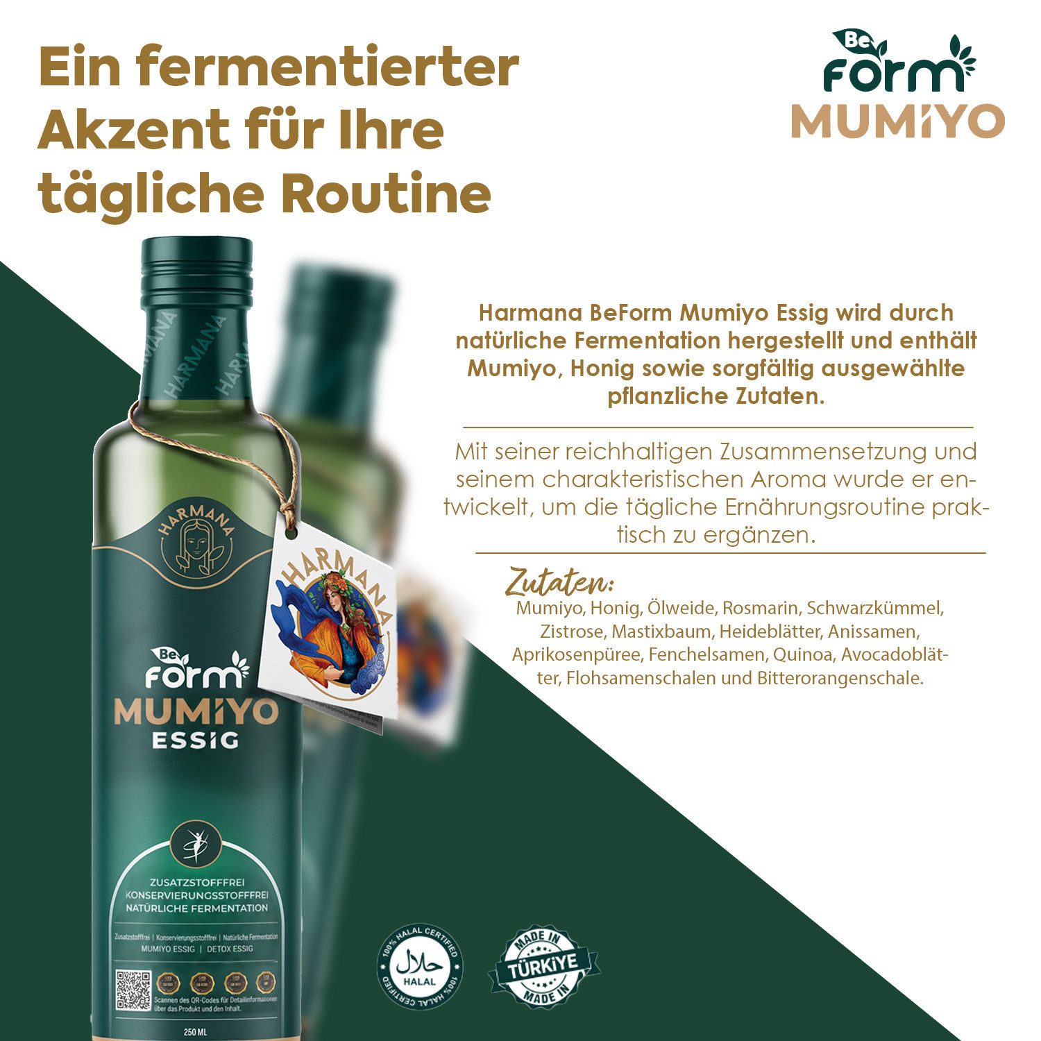 Harmana Essig Beform Mumiyo Essig – Natürlich fermentiert mit Mumiyo & Kräutern, 250 ml, 100 % natürlich fermentiert Mit Mumiyo, Honig & ausgewählten Kräutern