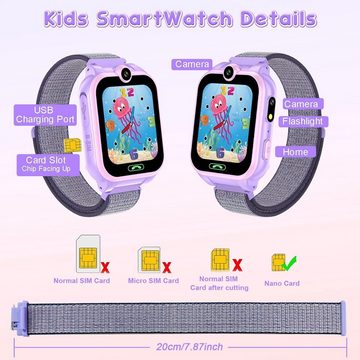 PTHTECHUS für Mädchen Jungen Telefonieren Geschenk Smartwatch (1.68 Zoll, Android / iOS), mit Anruf, SOS, 18 Spiele, Musik, Kamera, Wecker, Taschenlampe