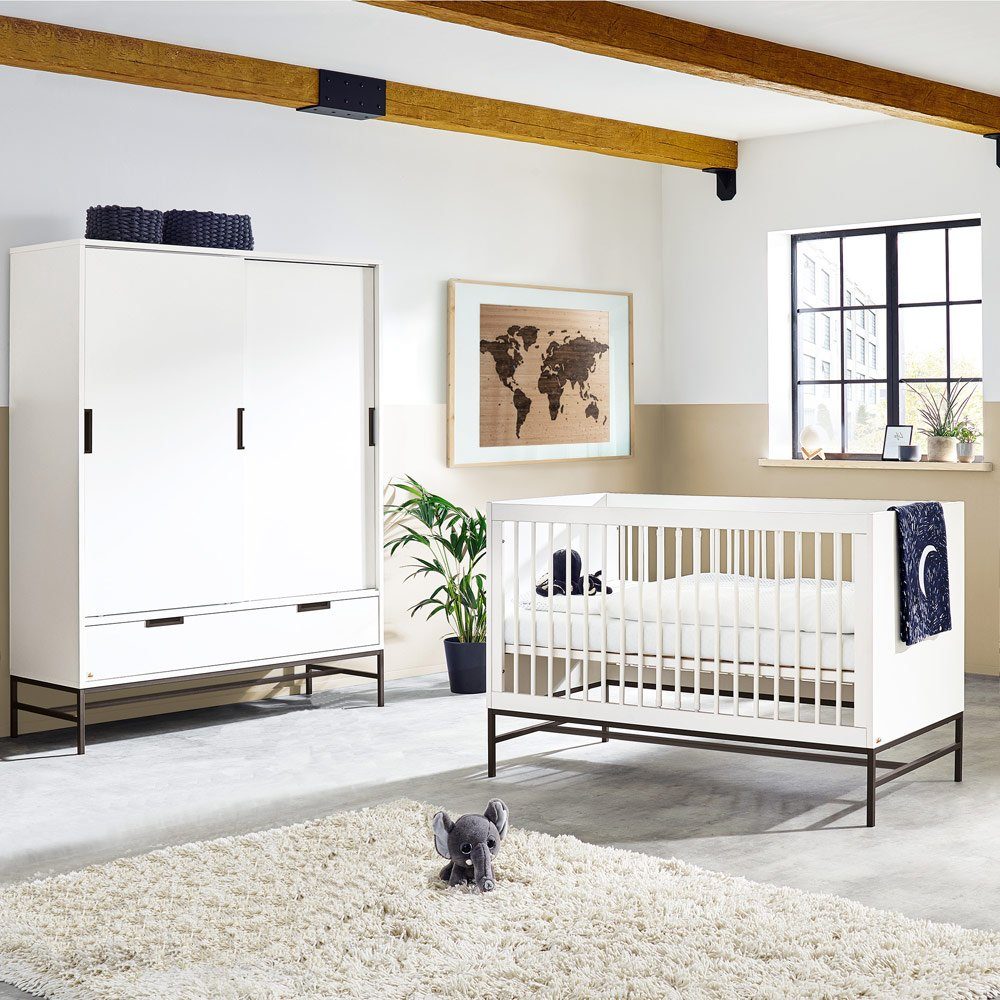 Lomadox Babyzimmer-Komplettset STOCKHOLM-134, (3-tlg), Babyzimmer Set inkl.  Matratze und Kleiderschrank in matt weiß
