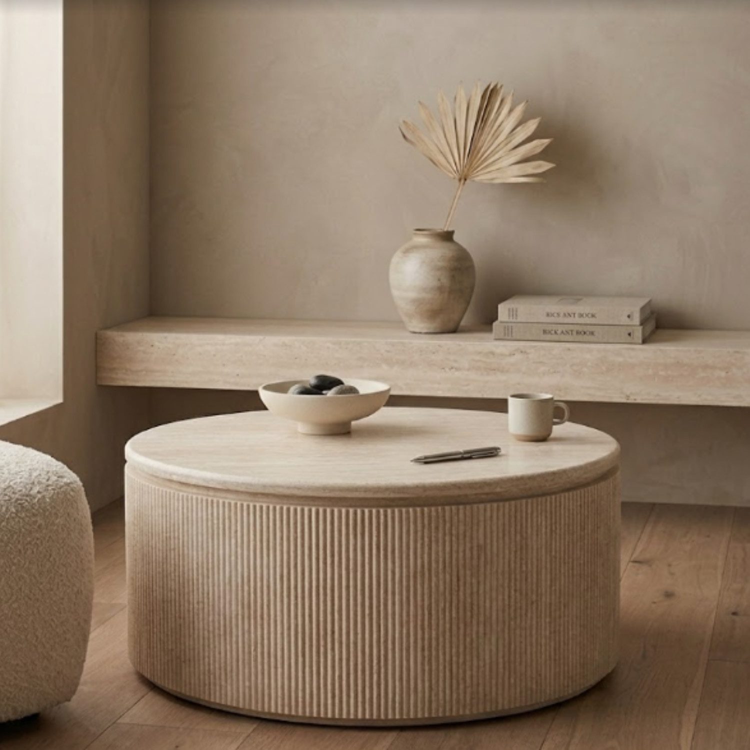 alesvelt Couchtisch Lunado Travertin Tischplatte in edlem Säulenstil 100 cm (1-Stück), Ø100 cm 45cm Höhe