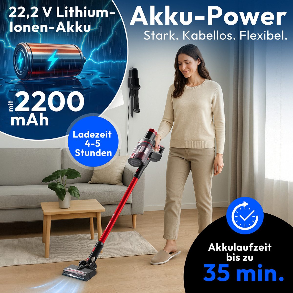 ProfiCare Akku-Bodenstaubsauger PC-BS 3136, Akku Staubsauger kabellos, 22,2V Akku