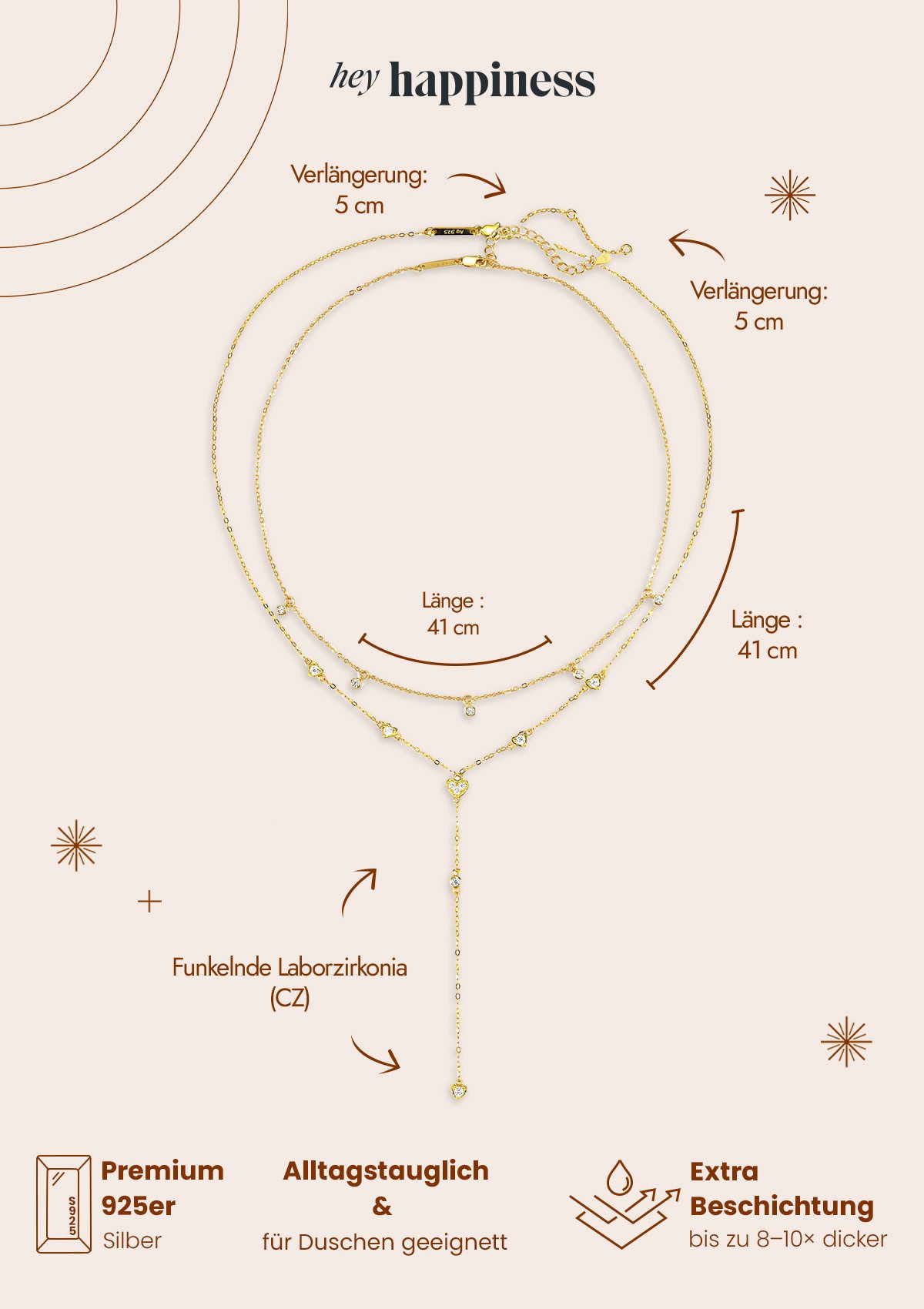 Hey Happiness Collierkettchen-Set Layer Luxuriöse Herzen, 925 Silber Halsketten Zirkonia, 18K Gold, 2er Damenketten Charms Liebe Kristall hängend, Brautschmuck