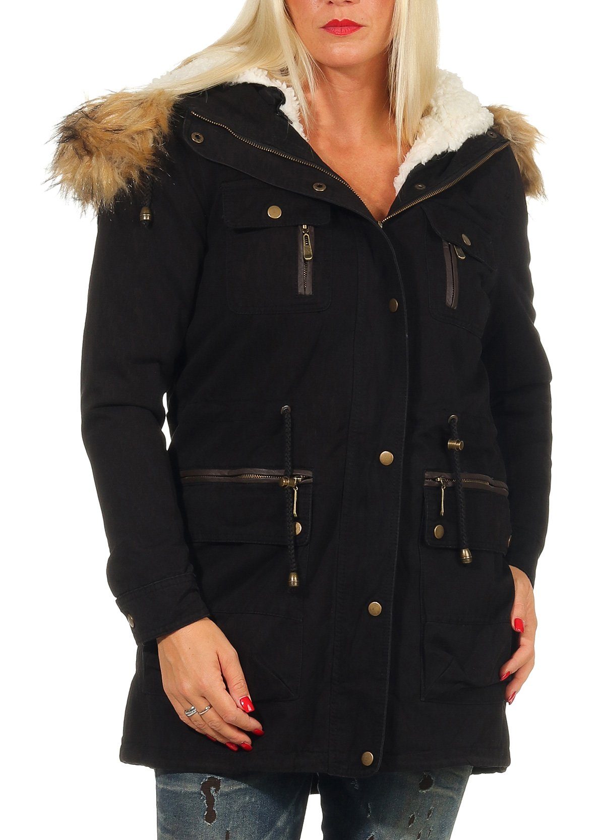 malito more than fashion Parka malito Damen Parka mit Kapuze, Winterjacke mit Kunstfell, gefütterte gefütterte Winterjacke mit Teddyfell und Kunstfell Kapuze