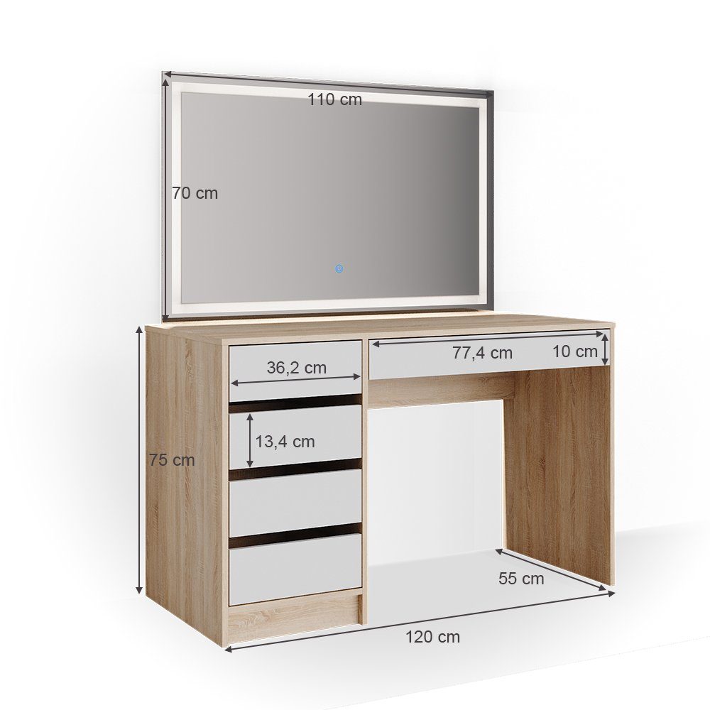 Vicco Schminktisch Sherry, Sonoma/Weiß, 120 cm mit LED-Spiegel (2-St)