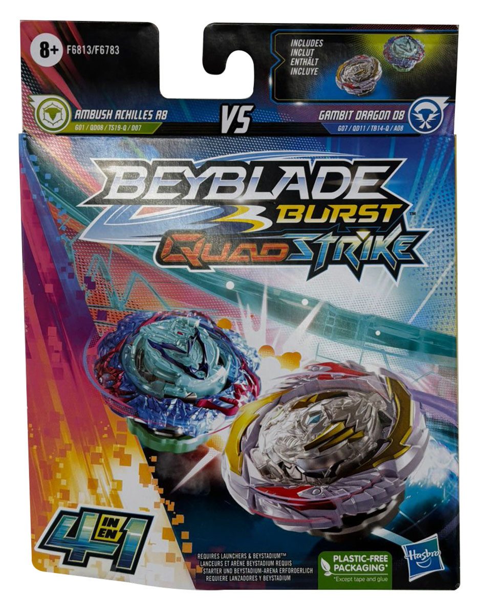 Hasbro Speed-Kreisel Beyblade Burst QuadStrike Ambush Achilles A8 vs Gambit Dragon D8 Dual