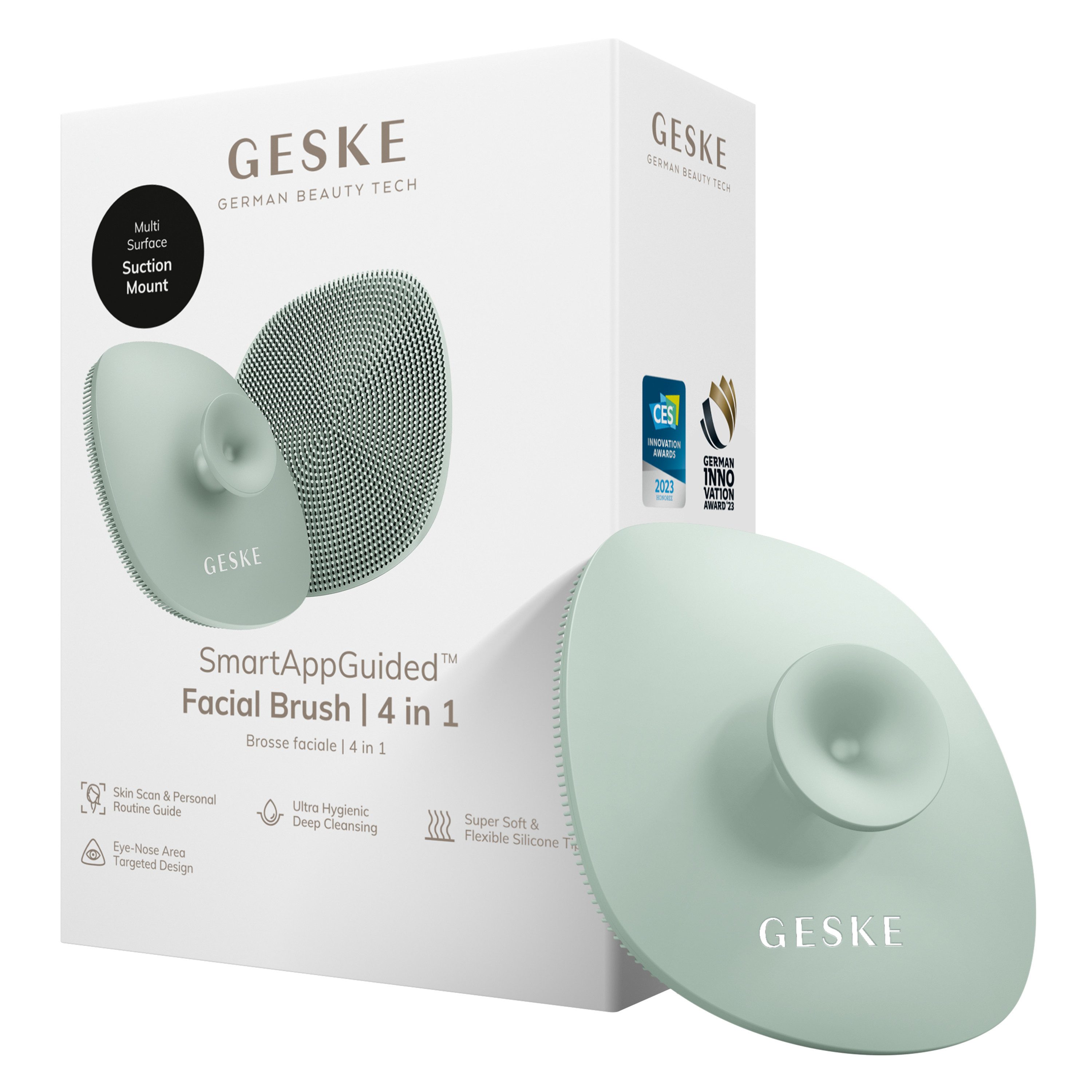 GESKE German Beauty Tech Gesichtsreinigungsbürste SmartAppGuided™ Facial Brush 4 in 1, Packung, 1-tlg., inkl. kostenloser APP (SmartAppGuided Device), Mit der GESKE App erhältst Du deine personalisierte Hautpflegeroutine.
