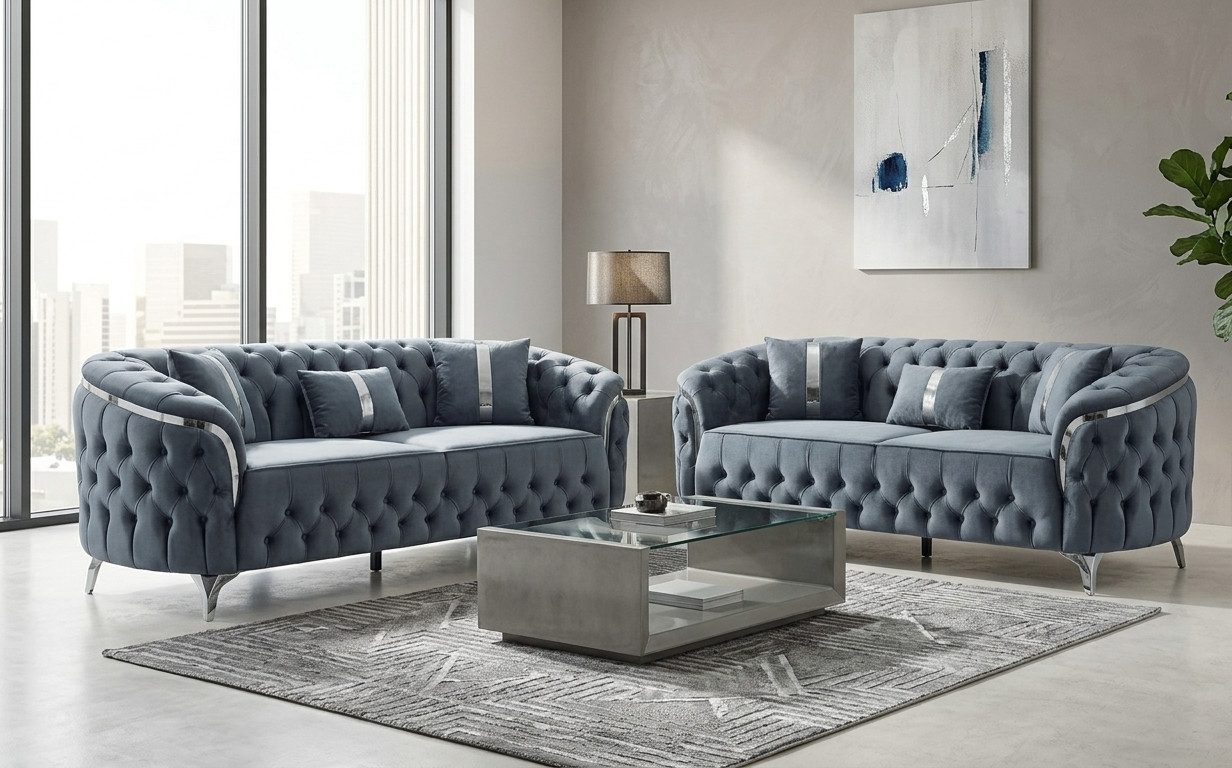 JVmoebel Chesterfield-Sofa Blaue Zeitgenössische Chesterfield Sitzgarnitur Polstersofas 2tlg, 2 Teile, Made in Europa