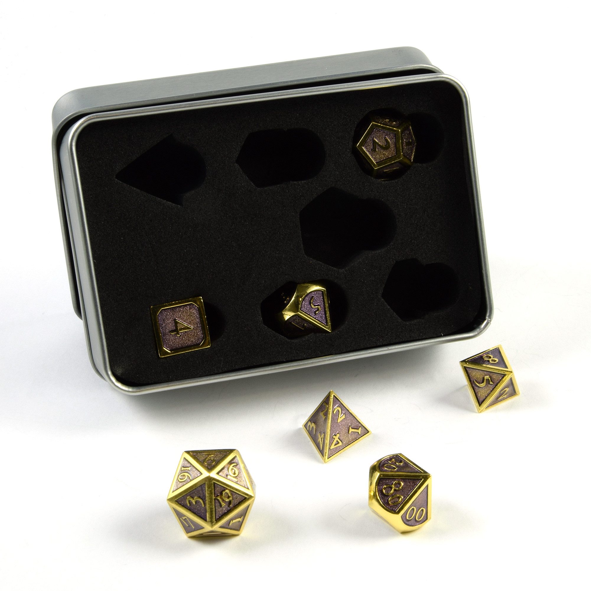 SHIBBY Spielesammlung 7 polyedrische Metall-DND-Würfel in Steampunk Optik, inkl. Aufbewahrungsbox