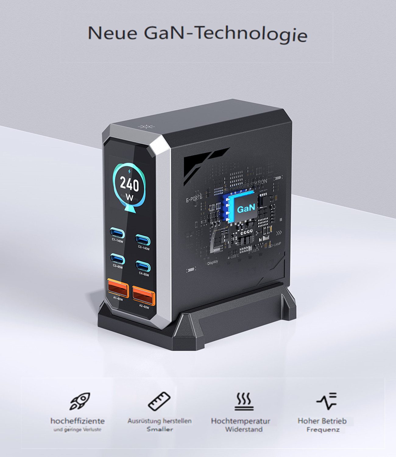 BLiTZWOLF USB-Ladegerät (5000 mA, 240W 6-Port USB-PD - 4×USB-C, 2×USB-A, QC/PD, Digitalanzeige, GaN-Technologie Schnelllade-Desktop-Ladestation)