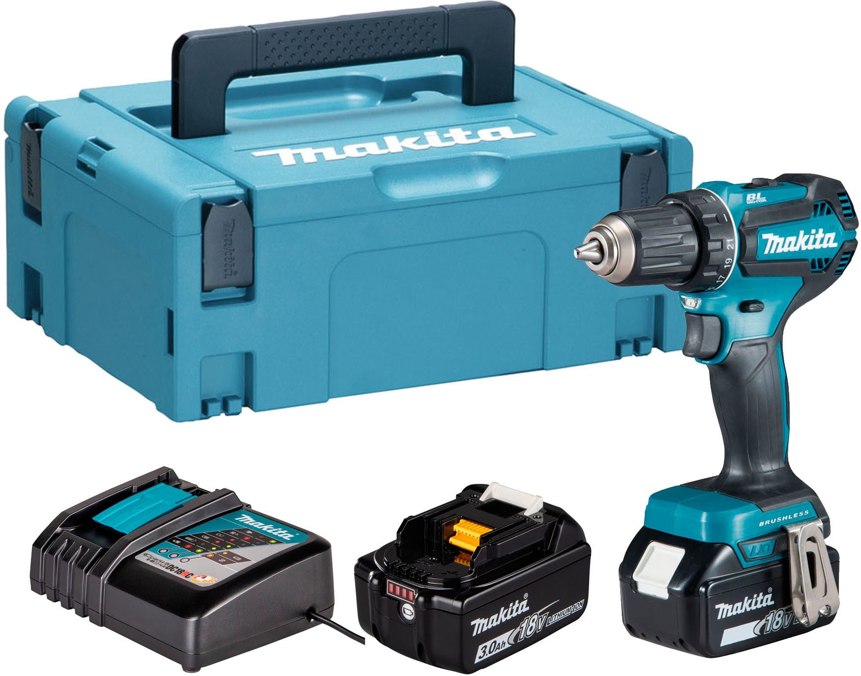 Makita Akku-Bohrschrauber DDF485RFJ, inkl. 2 Akkus 18V/3Ah, Ladegerät und K günstig online kaufen