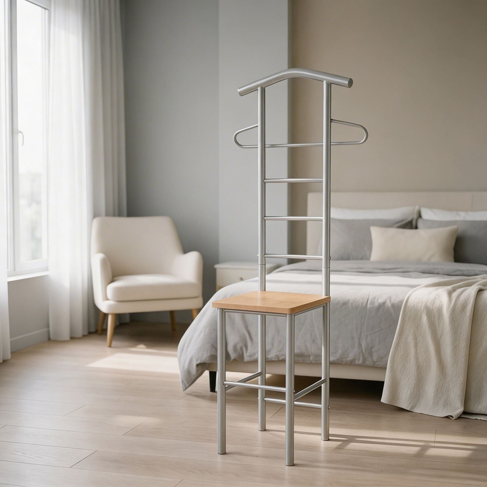 CARO-Möbel Herrendiener JIVO, Stummer Diener mit Hosenbügel Kleiderablage aus Metall buchefarben