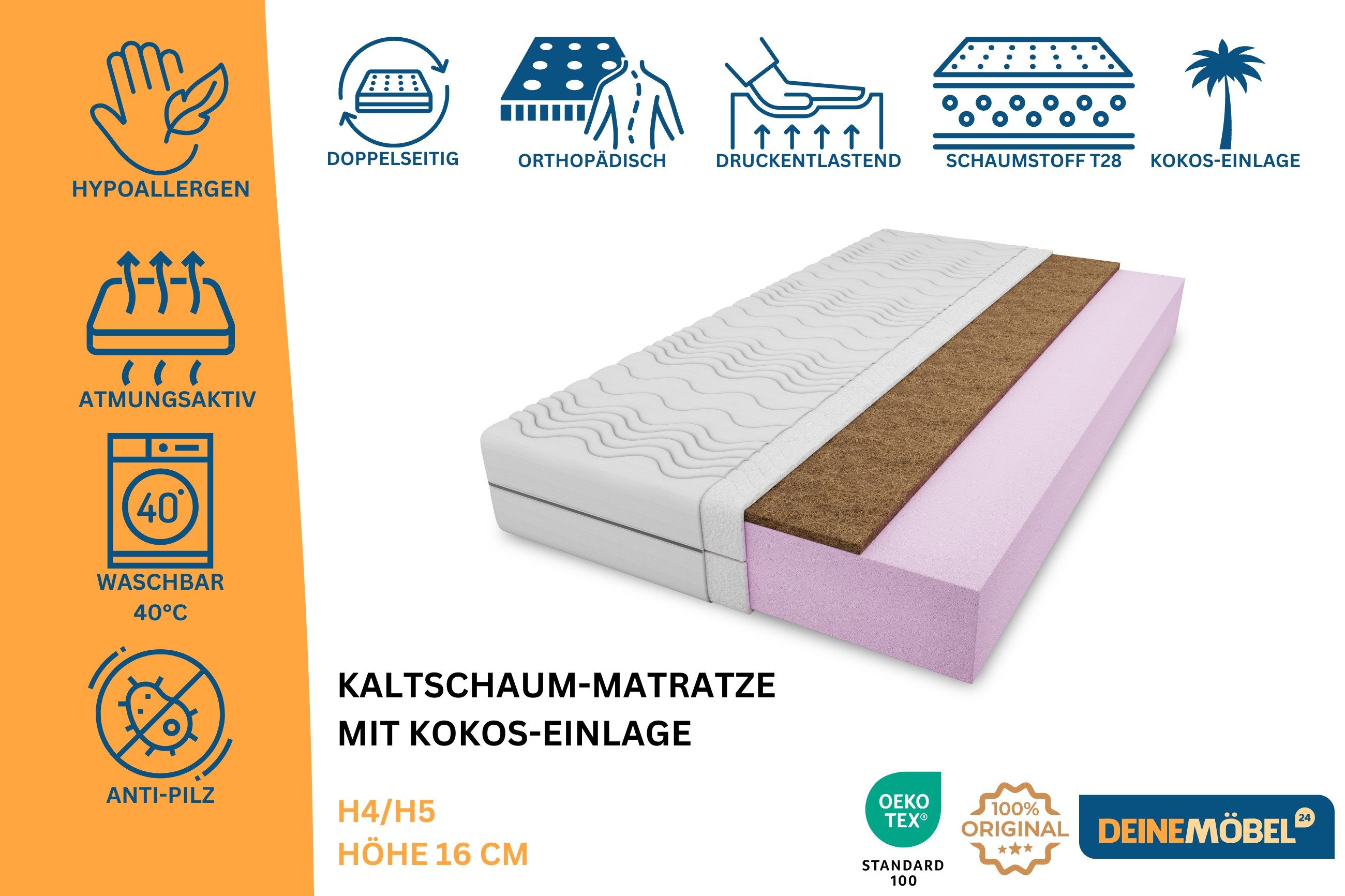 Kaltschaummatratze H4/H5 Kaltschaum-Matratze mit Kokos 16 cm Weiß/Schwarz, günstig online kaufen