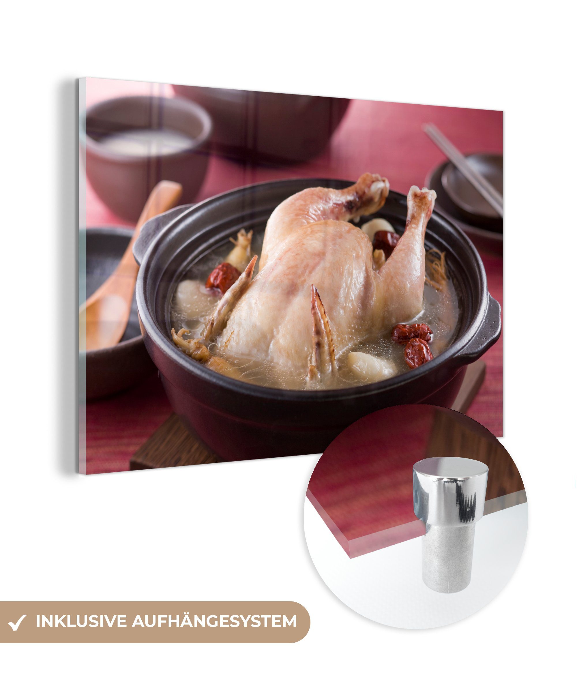 MuchoWow Acrylglasbild Eine japanische Hühnersuppe mit einem großen Huhn, (1 St), Acrylglasbilder Wohnzimmer & Schlafzimmer