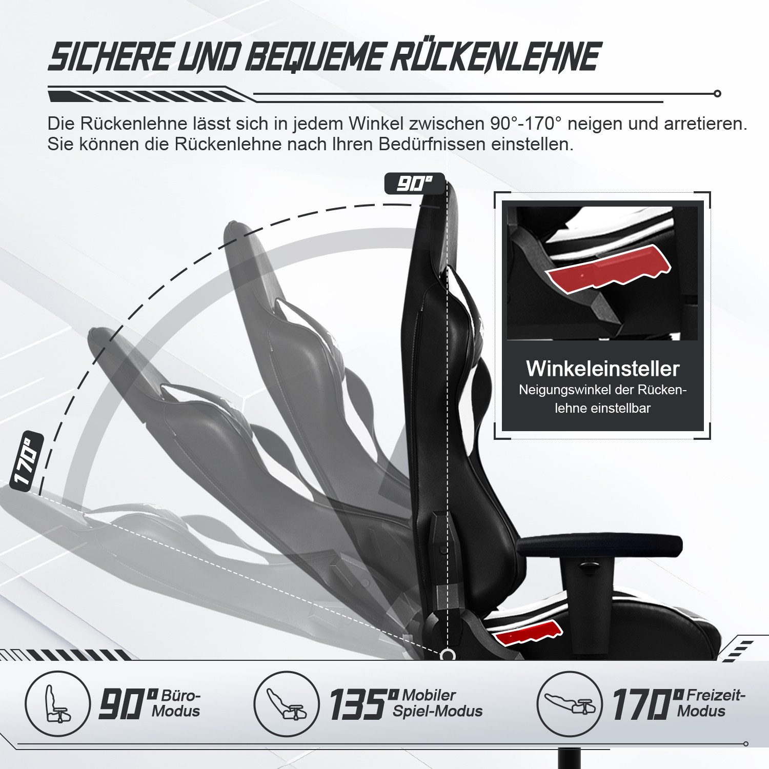 Homimaster Gaming-Stuhl Gaming Stuhl, Ergonomischer Bürostuhl,Gaming Chair mit Wippfunktion (Mit verstellbarem Lendenkissen, Kopfstütze und Armlehnen, gepolster – Bild 3 von 5