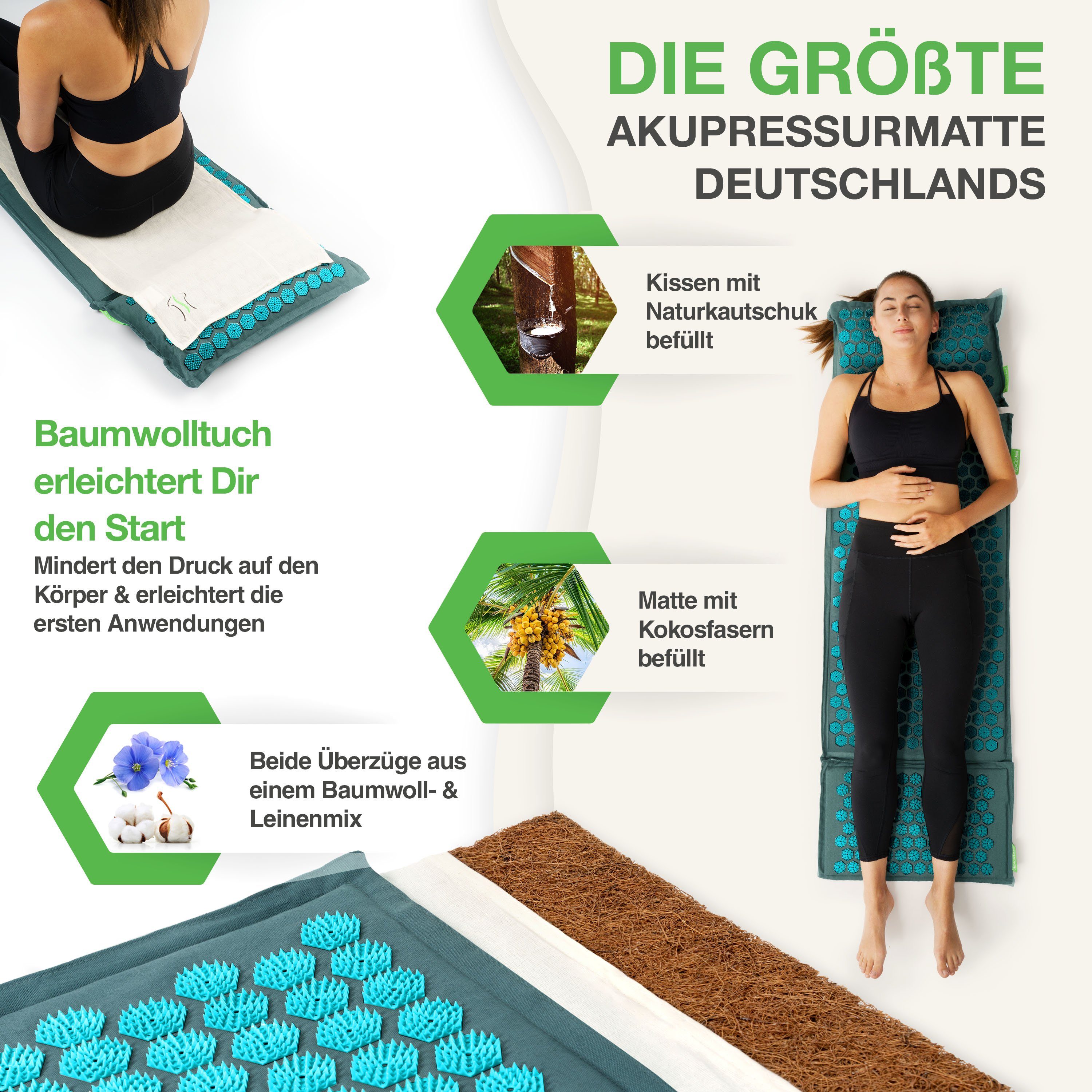 BACKLAxx® Akupressurmatte Set "Magnum" mit Kissen, Tuch & Tasche - XL- Akupressurmatte (Akupressurmatten Set, 5teilig + gratis-Download), 20.844 Spitzen für Anfänger und Schmerzempfindliche