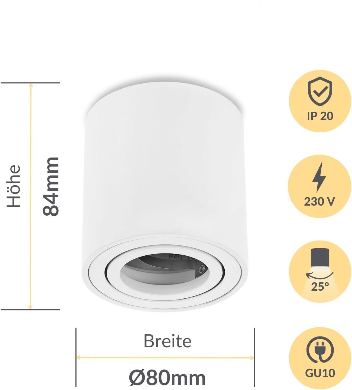 Sweet LED Aufbauleuchte 4 stück GU10 rund weiß Aluminium schwenkbar deckenspots 230V, ohne Leuchtmittel, Aufbaustrahler LED, Aufbauspot, Deckenstrahler
