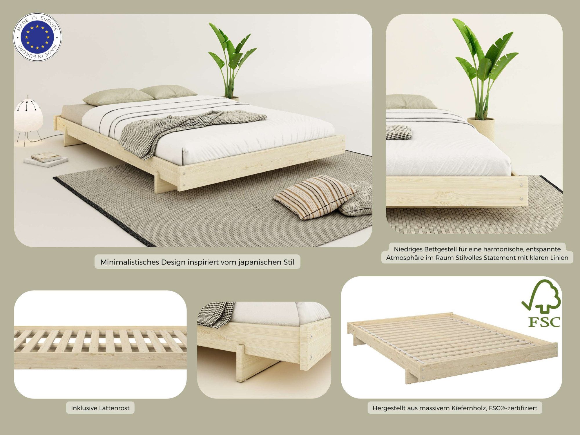 OTTO home Futonbett Senja, Bett, Massivholzbett, minimalistisches Design (B/T/H: 148/205,1/22,6 cm), inklusive Lattenrost, Liegefläche 140x200 cm, aus massiver Kiefer