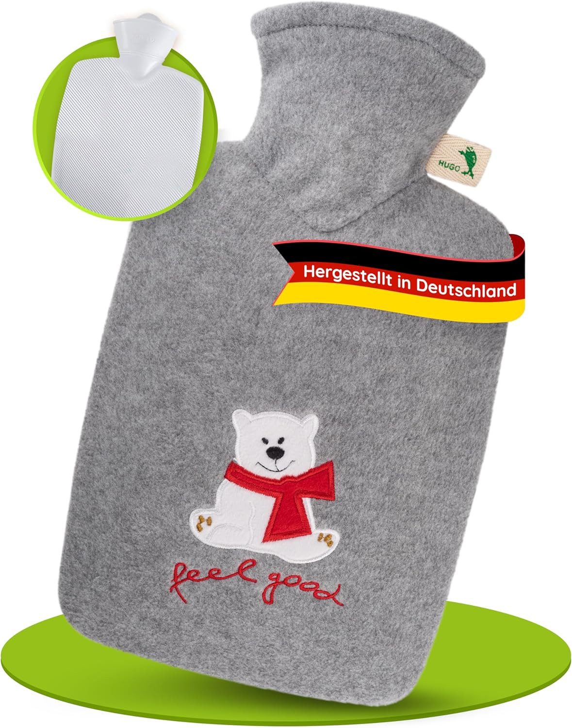 Hugo Frosch Wärmflasche Klassik 1,8 l mit Fleecebezug & Stick-Applikation, Eisbär "feel good" - langlebige Bettflasche, waschbarer Überzug