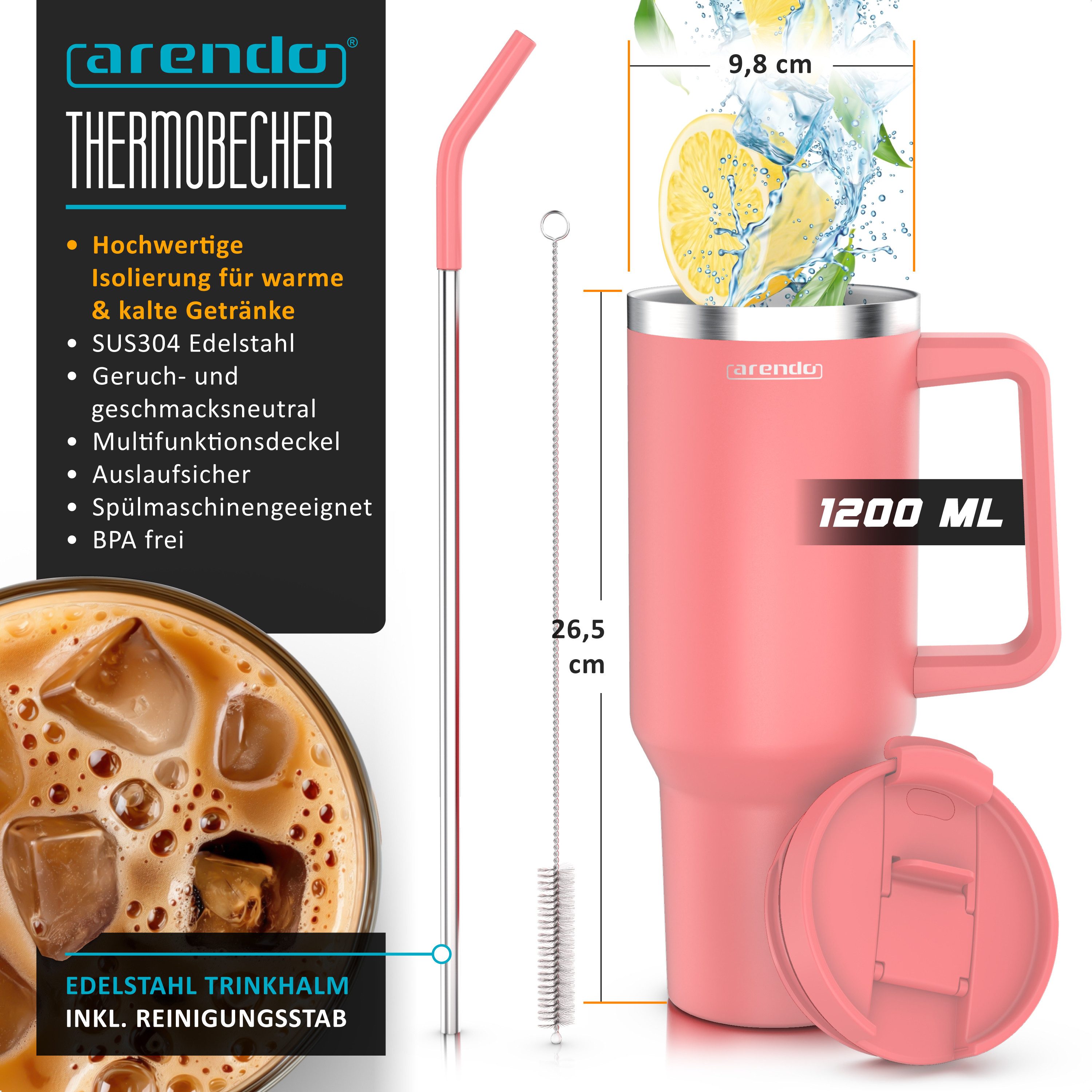 Arendo Thermobecher Tumbler 1200 ml, Becher mit Deckel, Henkel und Strohhalm, Thermal Mug, 1-tlg., Edelstahl, kohlensäuregeeignet, auslaufsicher, doppelwandig,  – Bild 2 von 5