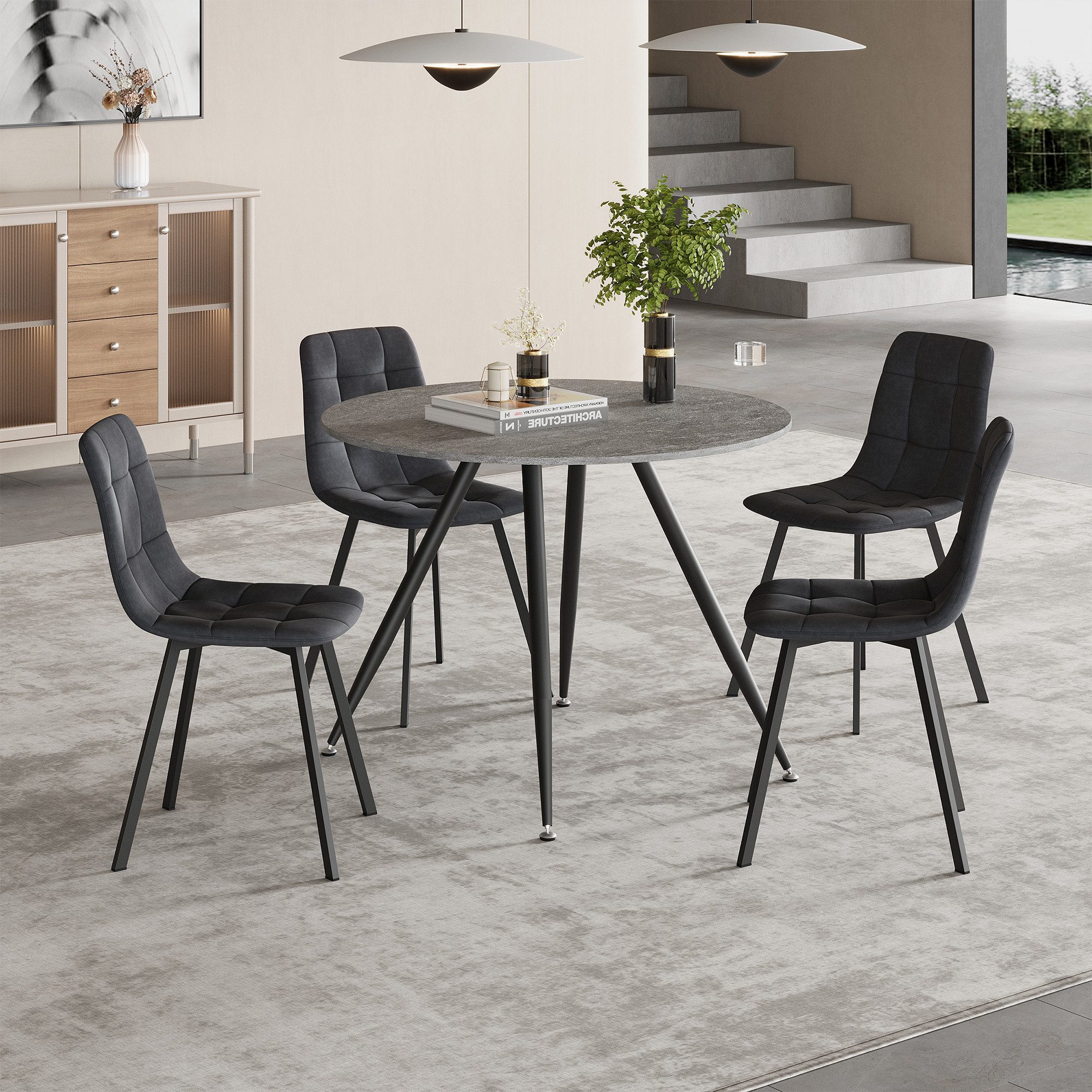 en.casa Essgruppe, (5-tlg), »Fitjar« 75xØ100 cm runde Tischplatte Betonoptik/Dunkelgrau