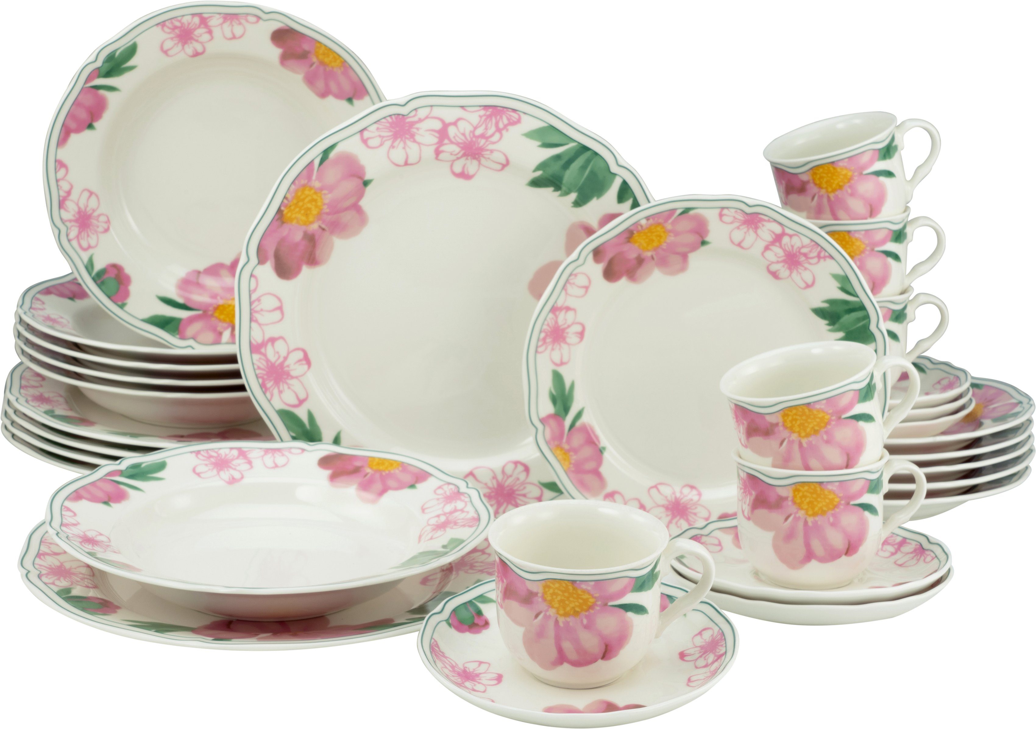 CreaTable Kombiservice Geschirr-Set Rose (30-tlg), 6 Personen, Porzellan, Service, Premium-Porzellan, Made in Europe, 30 Teile, für 6 Personen | Tafelservice