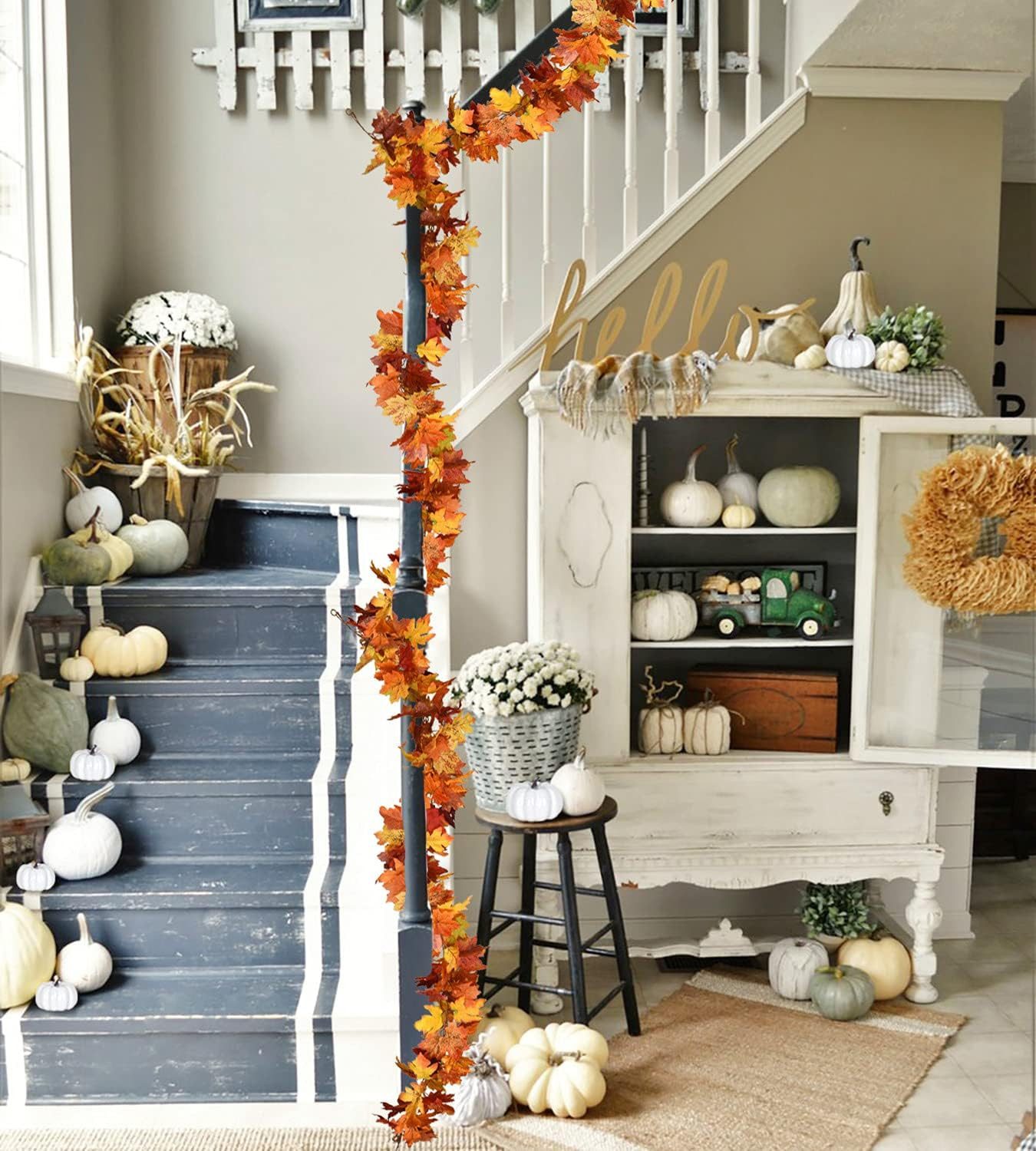 Kunstranke Herbst Girlande Ahornblätter, Ahornblatt Kürbis Herbstkranz, Sorvyzxn, Halloween Girlande Dekorationen für Tisch Kamin Fenster Außenbereich – Bild 4 von 5