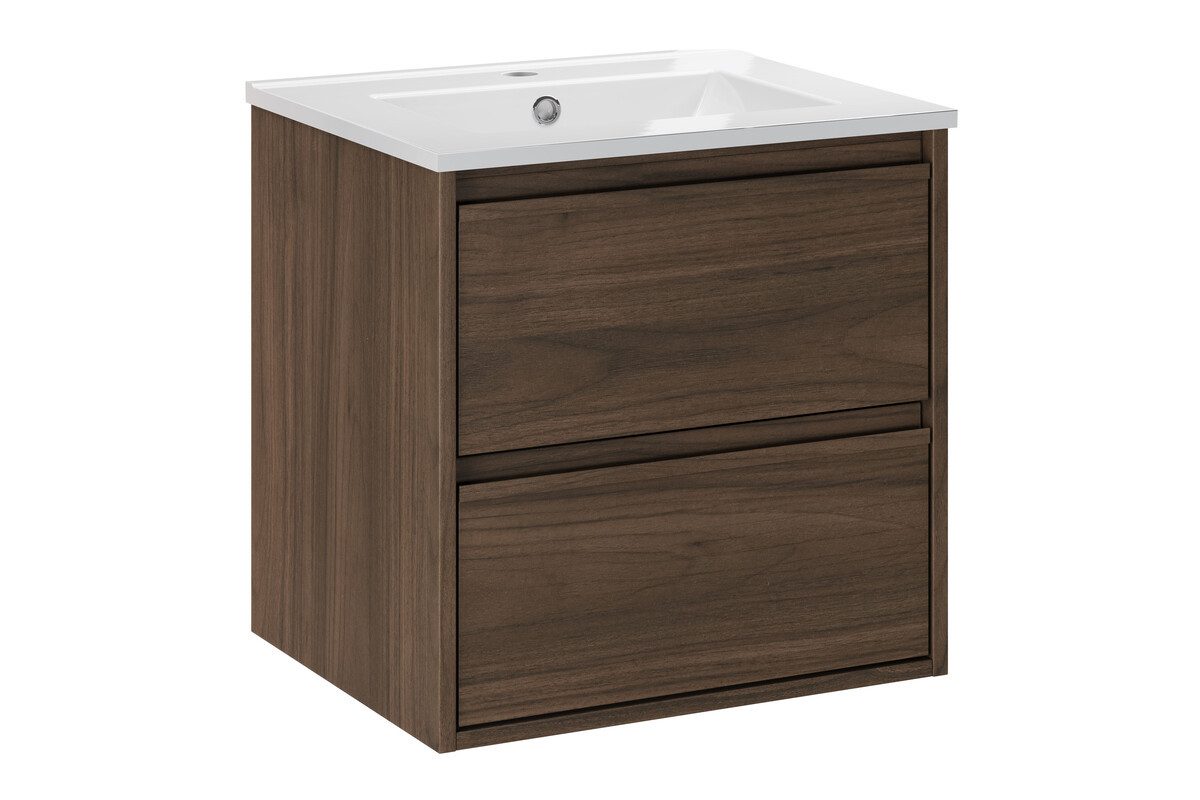 einfachgutemoebel Waschtisch-Set Waschplatz VANDA VILLA 50cm Schubfach, mit Einbaubecken, walnuss, (Badmöbel Set, 1-St., Waschtisch Unterschrank)