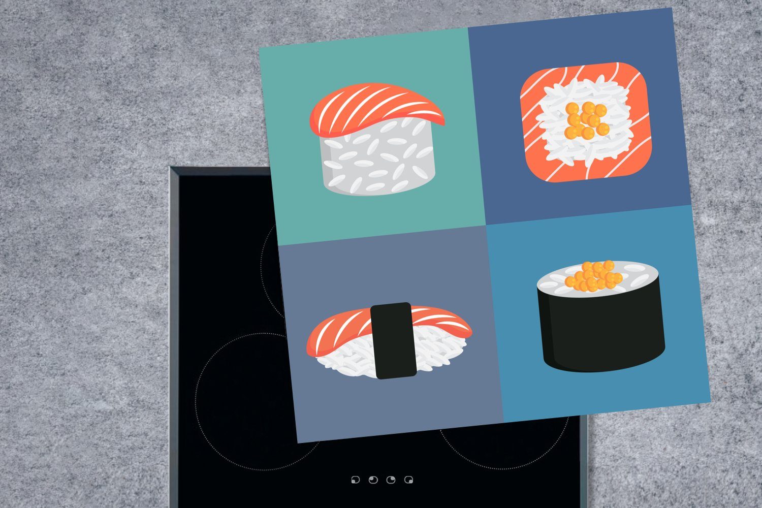 in Vinyl, für Sushi-Illustration Herdblende-/Abdeckplatte Arbeitsplatte tlg), 78x78 Ceranfeldabdeckung, cm, küche Flächen, farbigen (1 MuchoWow