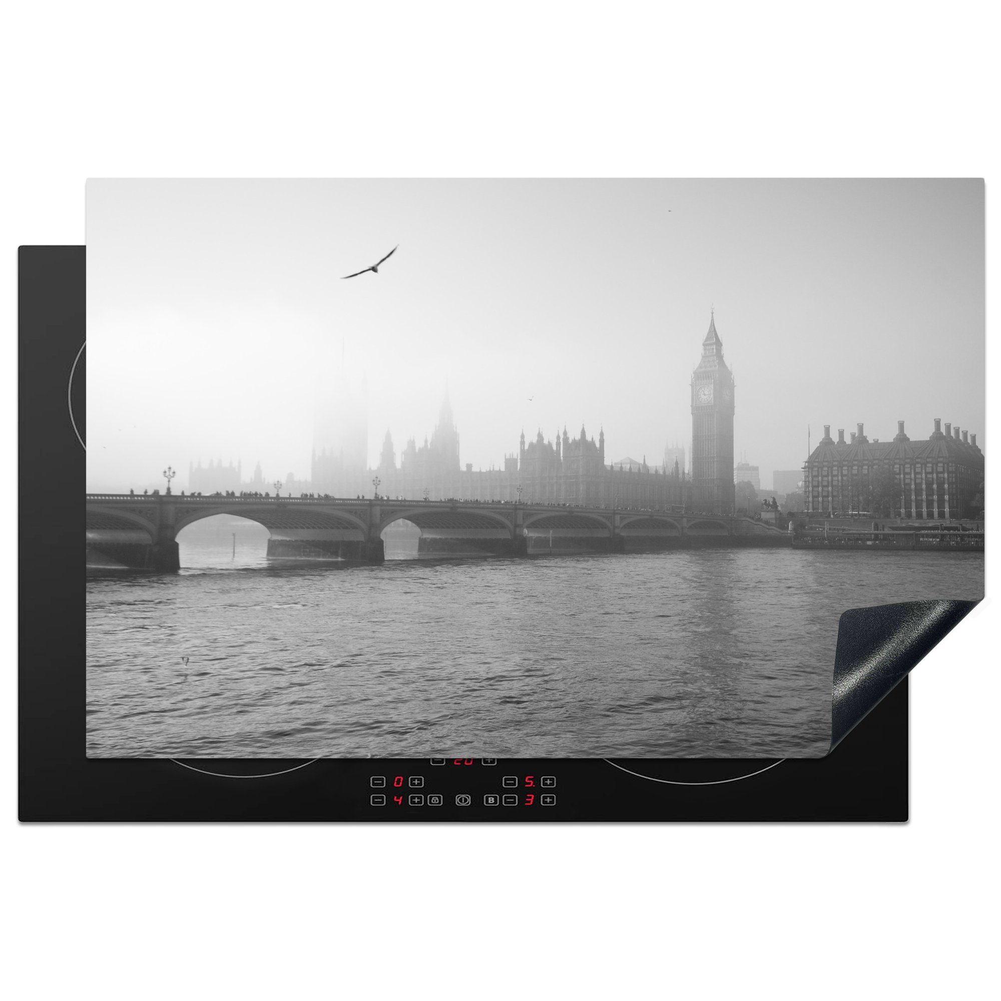 MuchoWow Herdblende-/Abdeckplatte Schwarz-Weiß-Bild des Big Ben in London, Vinyl, (1 tlg), 81x52 cm, Induktionskochfeld Schutz für die küche, Ceranfeldabdeckung