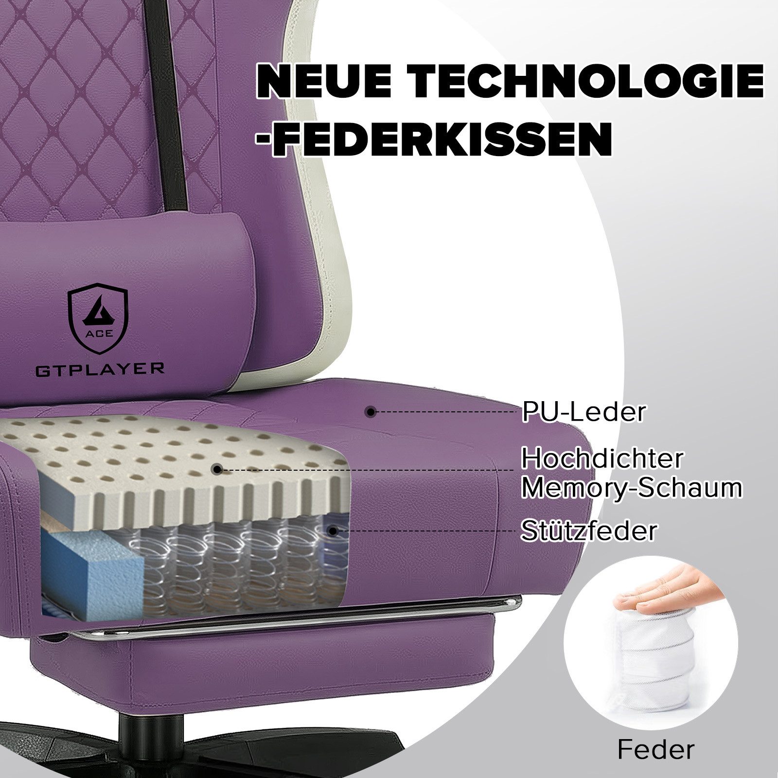 GTPLAYER Gaming-Stuhl Ergonomischer Gaming Sessel Schreibtischstuhl aus Stoff/Kunstleder (Pacekung), Federsitzkissen mit Fußstütze