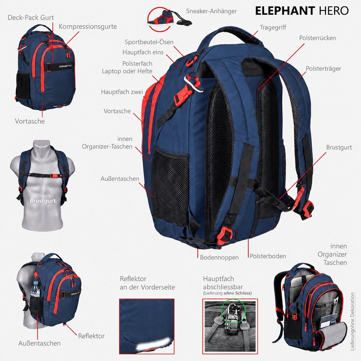 ELEPHANT Schulrucksack Hero Signature Schultasche (Set, 3-tlg., 3 Teile Rucksack Sporttasche Mäppchen Box), Softcase Schulranzen Schulmappe +rsm – Bild 5 von 5